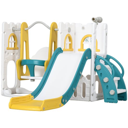 AIYAPLAY 6-in-1 Swing and Slide Set, Kids Playground with Basketball Hoop, Telescope, Storage Space - Yellow