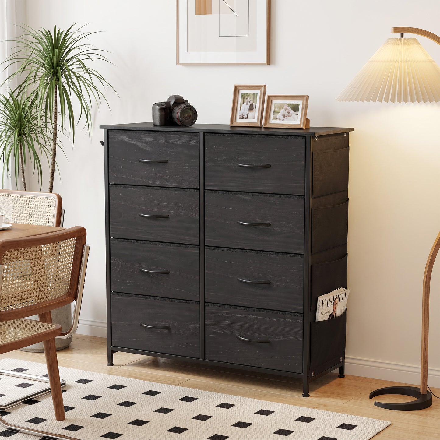 HOMCOM Chest of Drawers, Dresser with 8 Fabric Drawers, Tall Storage Unit with 4 Pockets and 2 Hooks Steel Frame, Black
