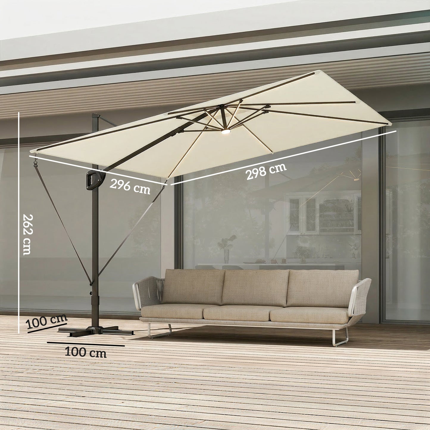 Outsunny 3 x 3 m Garden Cantilever Parasol w/ Light, Cover, UPF50+ Patio Umbrella w/ Wind Protection, 360Â° Rotation, Cream White