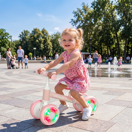 AIYAPLAY Baby Balance Bike for 1-2 Years Old, Light-up Toddler Balance Bike with Adjustable Seat, 4 Silent EVA Wheels, Pink
