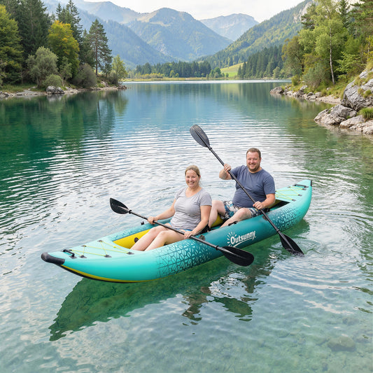 Outsunny 12.5' Inflatable Kayak Set, 2-person Sit on Canoe with Aluminium Oars, Blue and Yellow