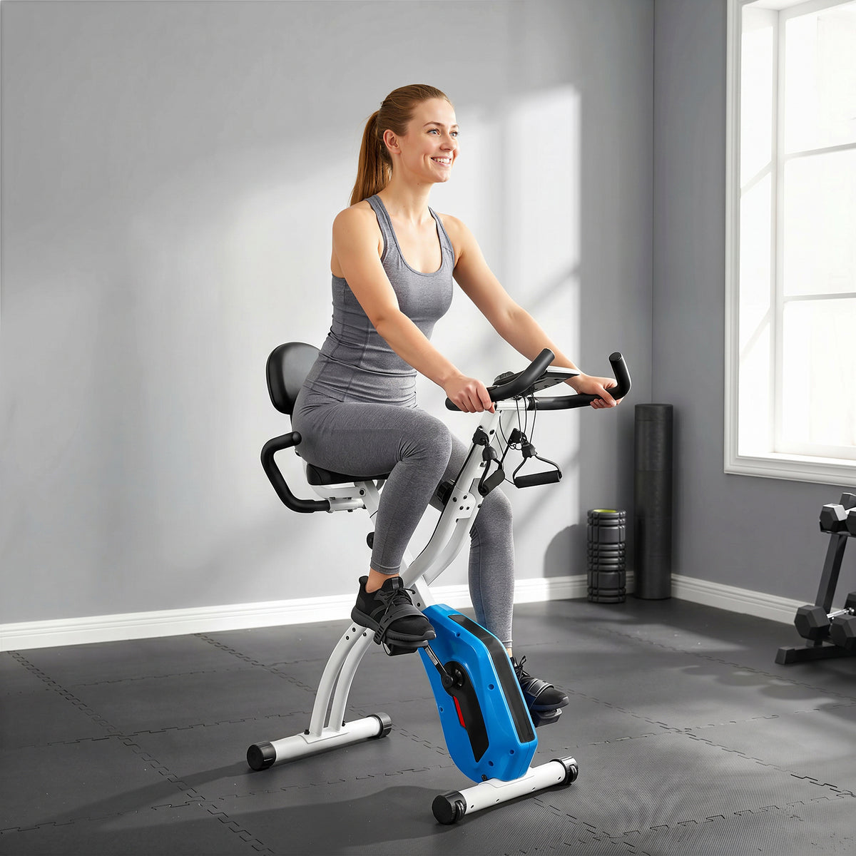 SPORTNOW 4-In-1 Folding Exercise Bike with Resistance Bands, Bluetooth App, 8-Level Magnetic Resistance, LCD Display, Blue