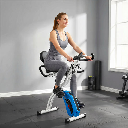 SPORTNOW 4-In-1 Folding Exercise Bike with Resistance Bands, Bluetooth App, 8-Level Magnetic Resistance, LCD Display, Blue