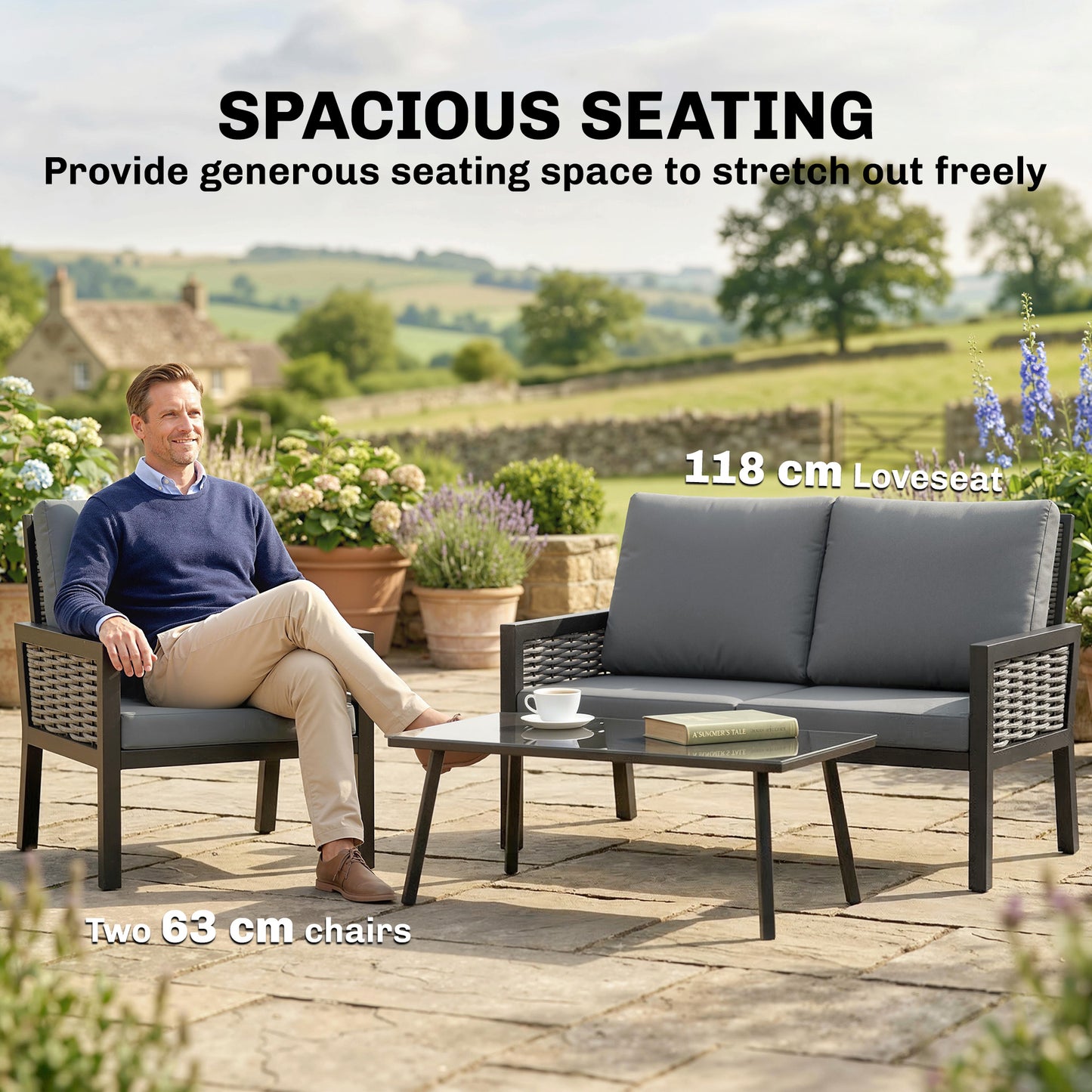 Outsunny 4 Seater Rattan Garden Furniture Set with 2 Armchairs, Loveseat, Coffee Table, Garden Sofa Set with Cushions, Dark Grey