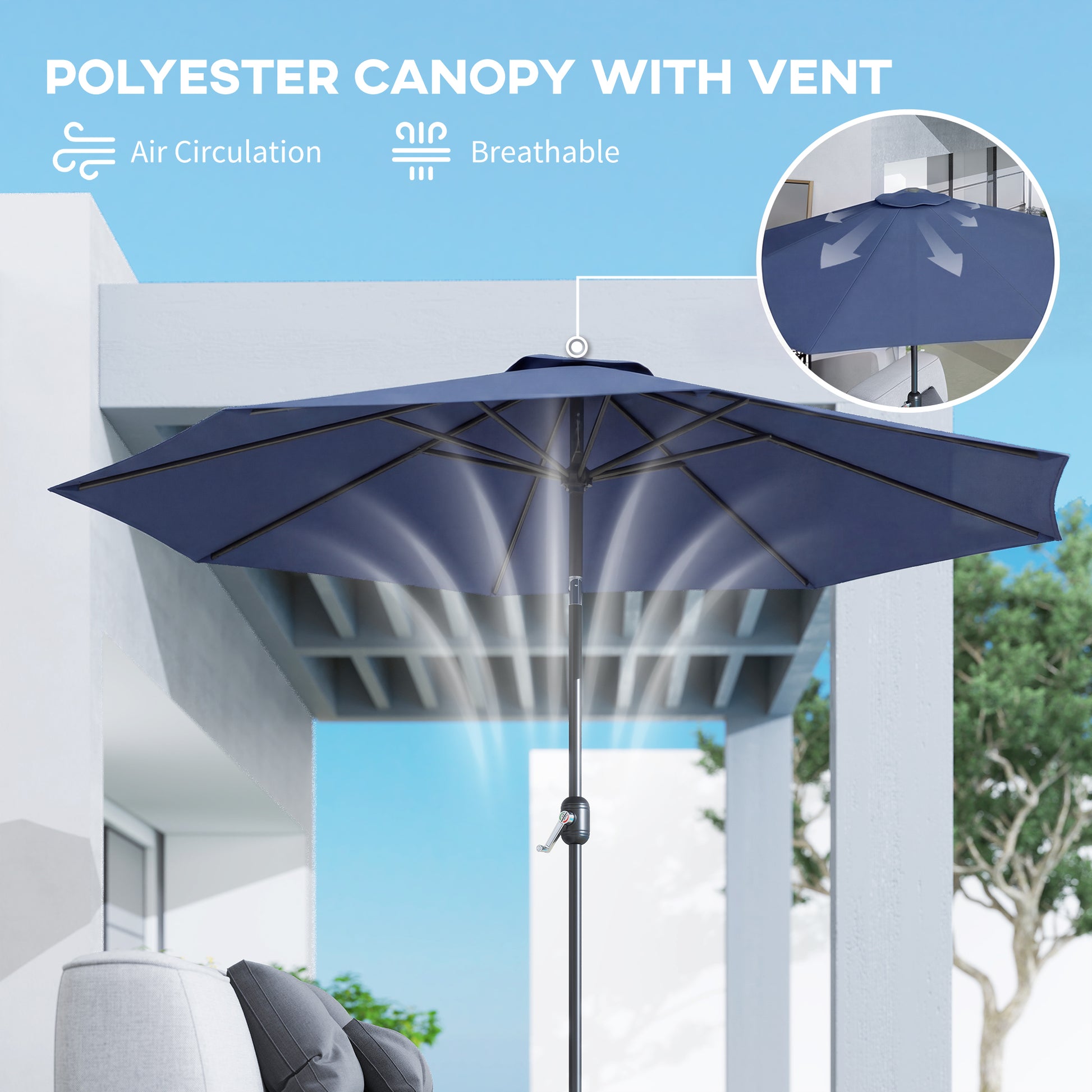 Outsunny 3 m Garden Parasol Umbrellas, Outdoor Sun Shade with 8 Ribs, Tilt and Crank Handle, Navy Blue