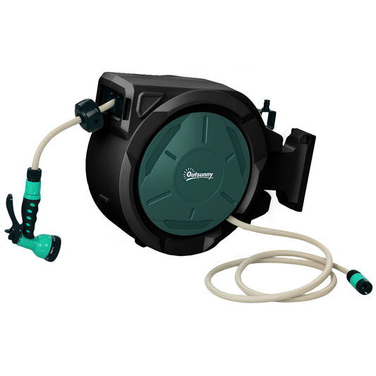 Outsunny Retractable Hose Reel Wall Mounted, 30+2m Garden Hose Pipe Reel with Lock, Auto Rewind, 7 in 1 Spray Nozzle, Includes Wall Fixings, 180Â° Swivel, Outdoor Watering, 59 x 23 x 42 cm, Green
