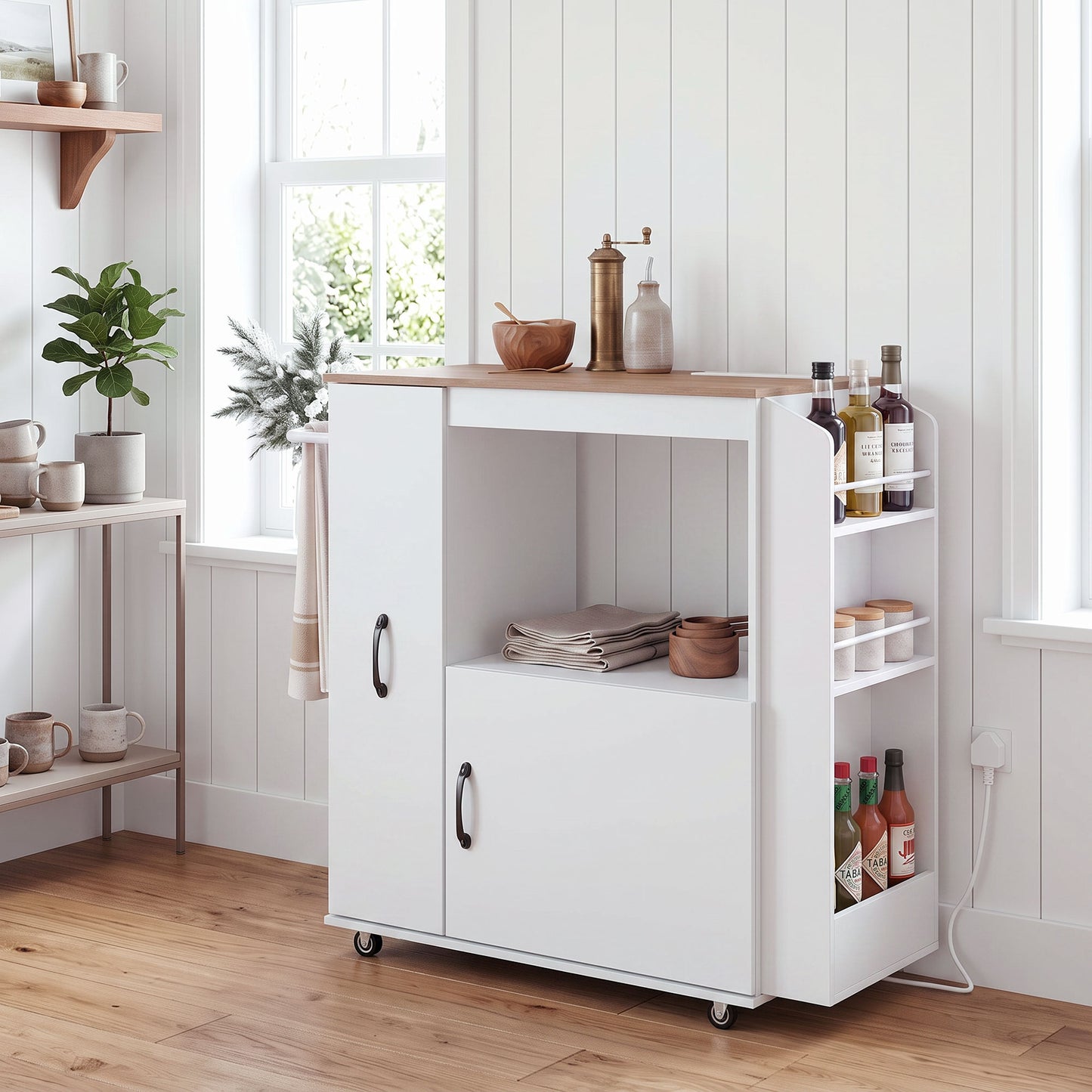 HOMCOM Kitchen Trolley on Wheels, Rolling Kitchen Island Cart with Power Outlet, Cabinet, Pull-Out Drawer, White