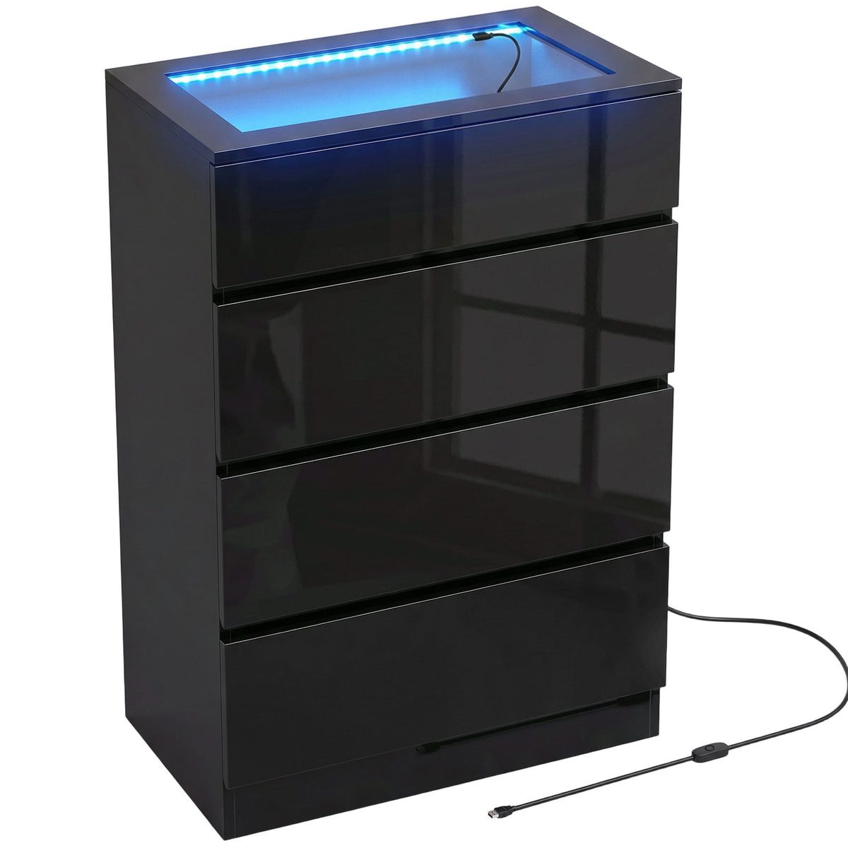 HOMCOM High Gloss 4 Drawer Chest of Drawers with Glass Top and RGB LED Lights, Dresser w/ Jewelry Organizer, APP Control, Black Default Title