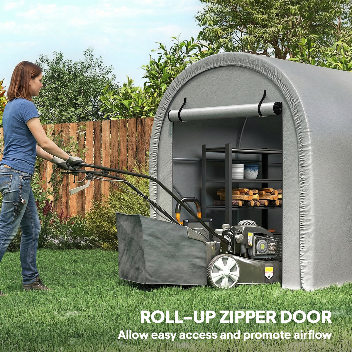 Outsunny 1.6 x 2.4m Garden Storage Shed Tent, Waterproof Bike Shed with Roll-up Zipper Door, Galvanised Metal Frame, Light Grey