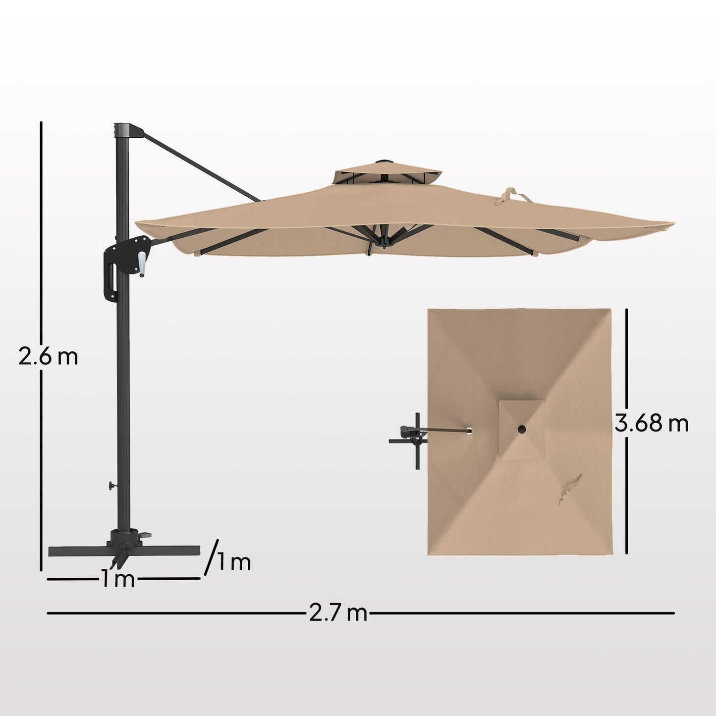 Outsunny 3.7 x 2.7 m Cantilever Parasol w/360° Rotation and Easy Tilt Adjustment, Aluminium Hanging Offset Outdoor Umbrella w/Double Top, Cross Base, UPF50+ Hanging Sun Shade, Black Pole