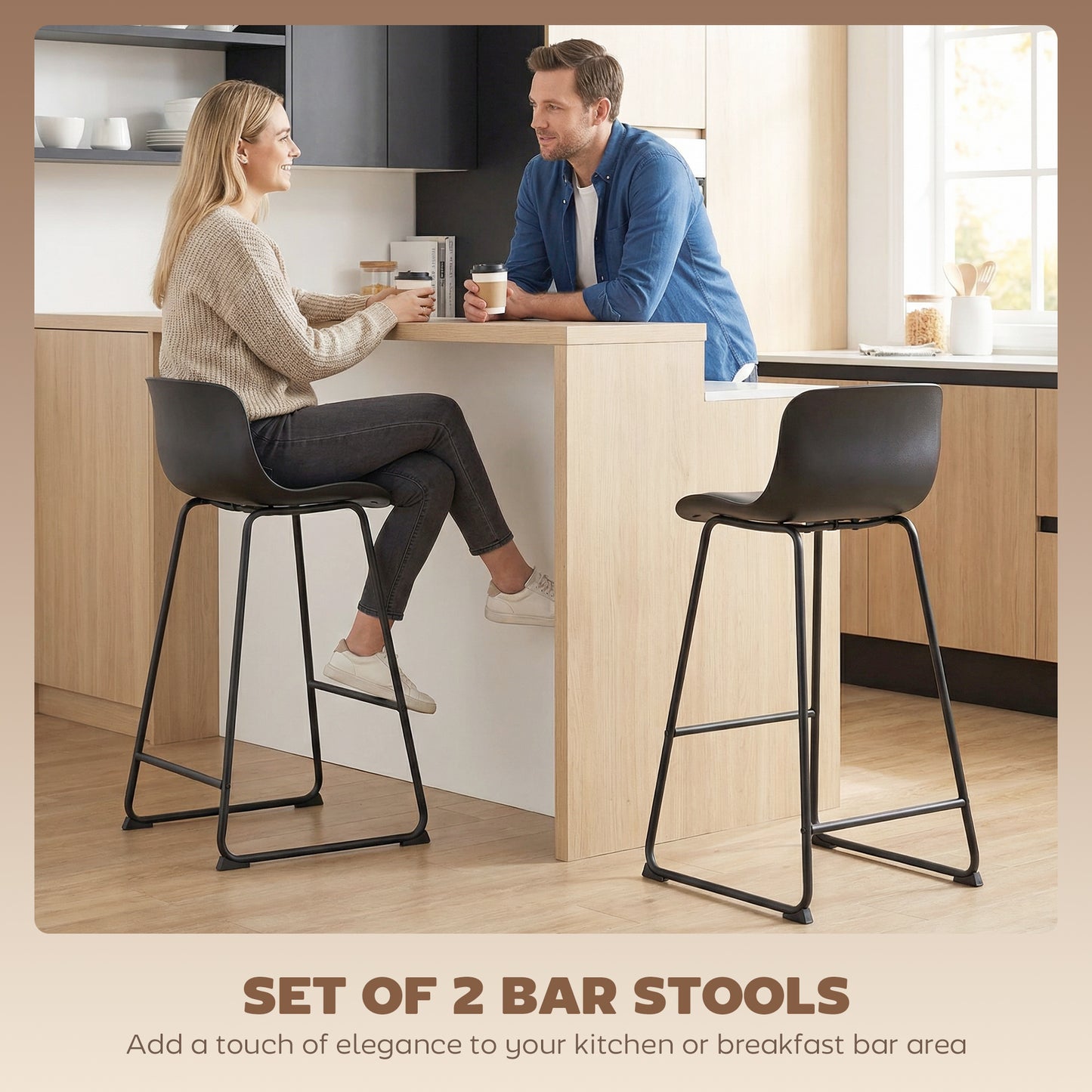 HOMCOM Modern Bar Stools Set of 2, PU Leather Barstools, Counter Height Kitchen Chairs for Breakfast Bars, Dining Room, Black