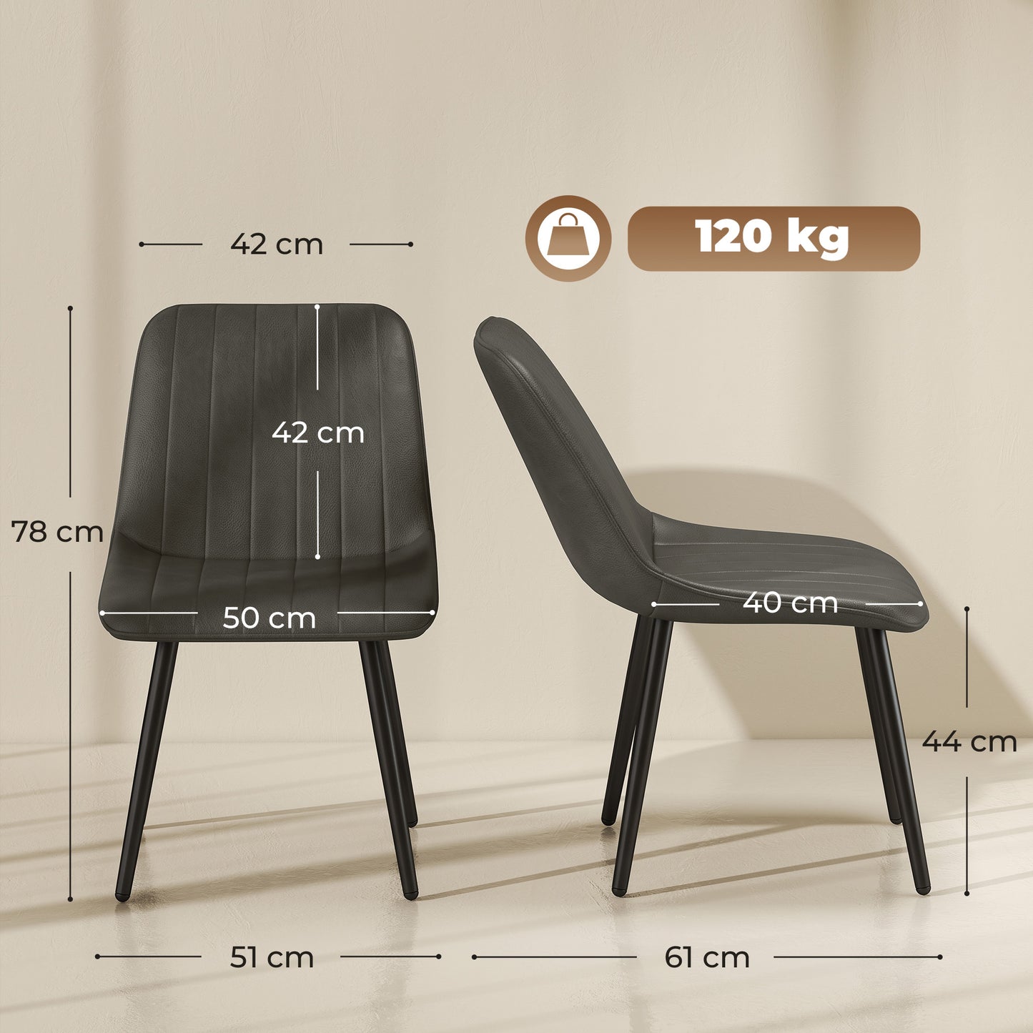 HOMCOM Faux Leather Upholstered Kitchen Chairs, Modern Dining Chairs Set of 2 with Metal Legs for Dining Room, Grey