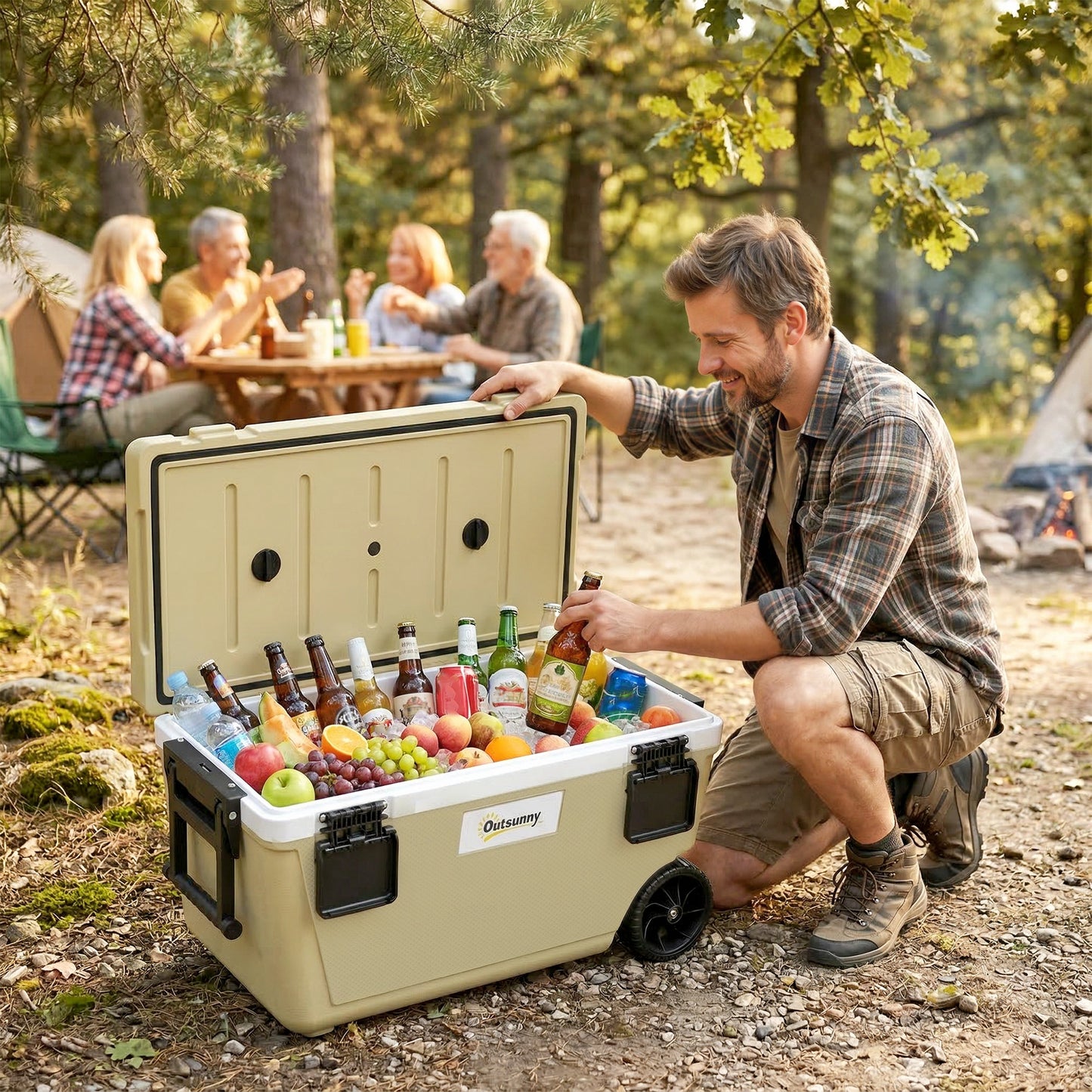 Outsunny 70L Insulated Cool Box with Wheels, Portable Ice Cooler with Handle, Lid and Drain Valve, Khaki