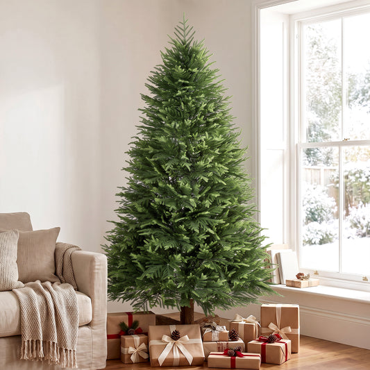 HOMCOM 7ft Artificial Christmas Tree, Hinged Xmas Tree with Realistic 1071 PE & PVC Branch Tips, Fir Wood Base, Green