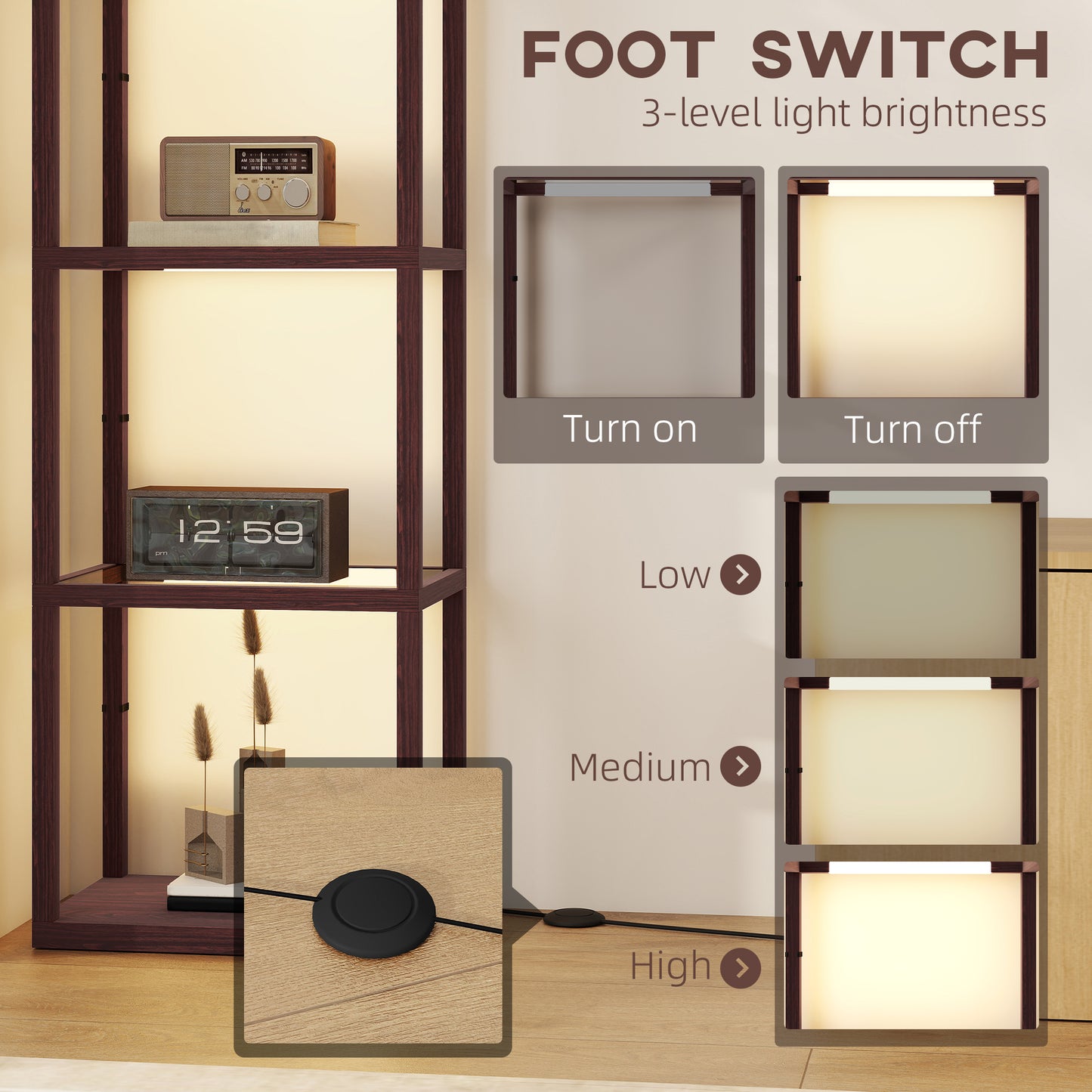 HOMCOM Four-Shelf Floor Lamp - Dark Brown