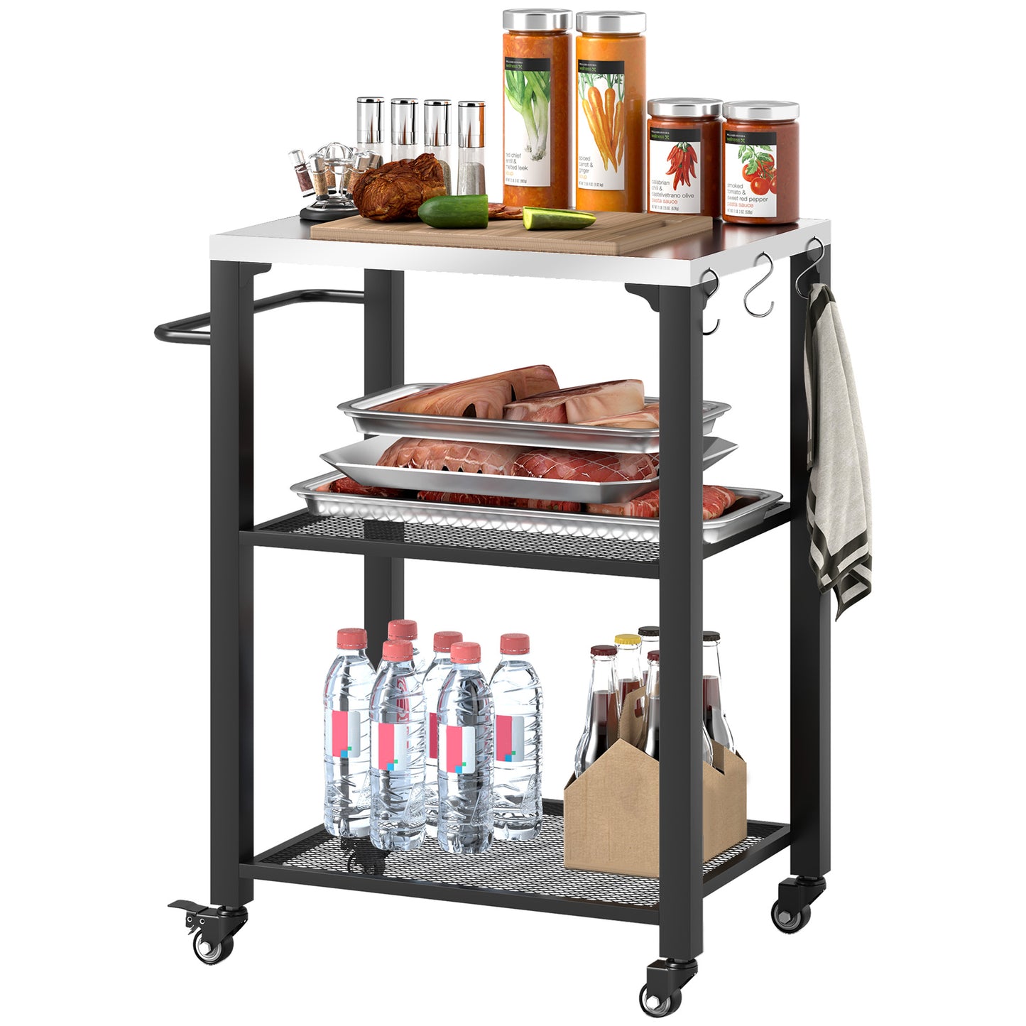 Outsunny Three-Shelf Outdoor Grill Cart with Stainless Steel Top, Outdoor Kitchen Island with 4 Wheels, 3 Hooks, Movable Food Prep Barbecue Pizza Oven Table for Kitchen, Garden, 65.5 x 41 x 79 cm Default Title