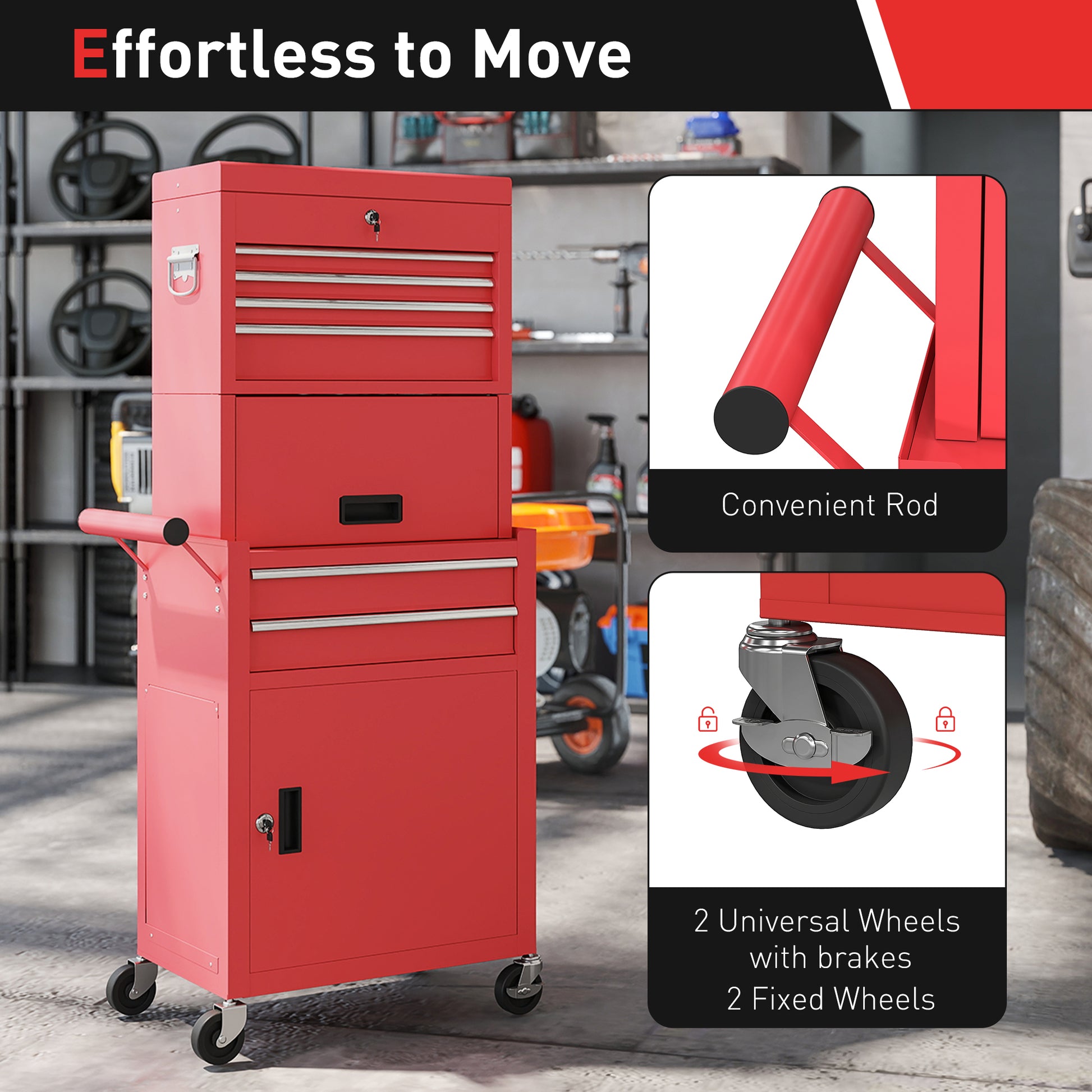 HOMCOM Three-Part Steel Locking Tool Chest - Red