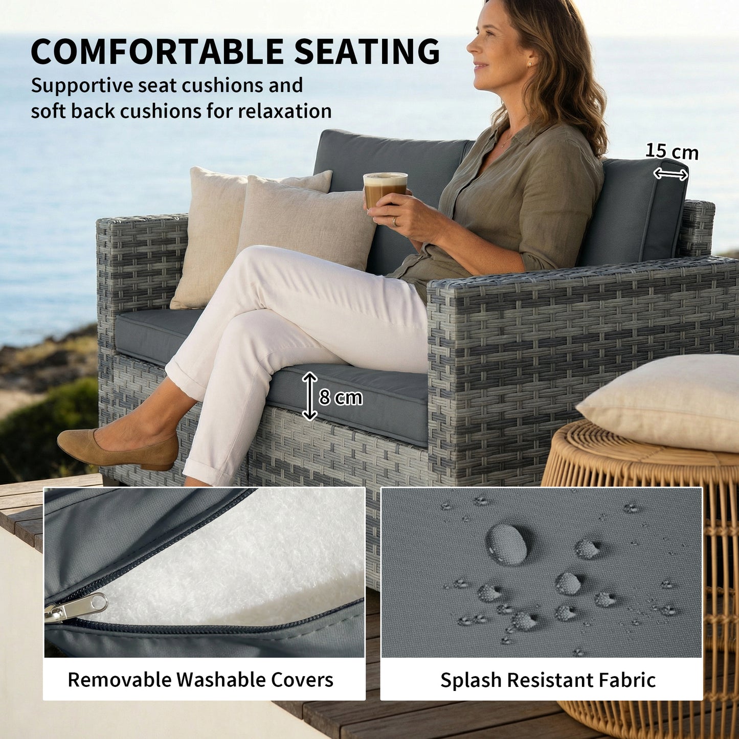Outsunny 2 Seater Rattan Sofa, Outdoor Garden Sofa with Deep Seat, Cushions, Wide Armrests for Patio, Balcony, Porch, Mixed Grey