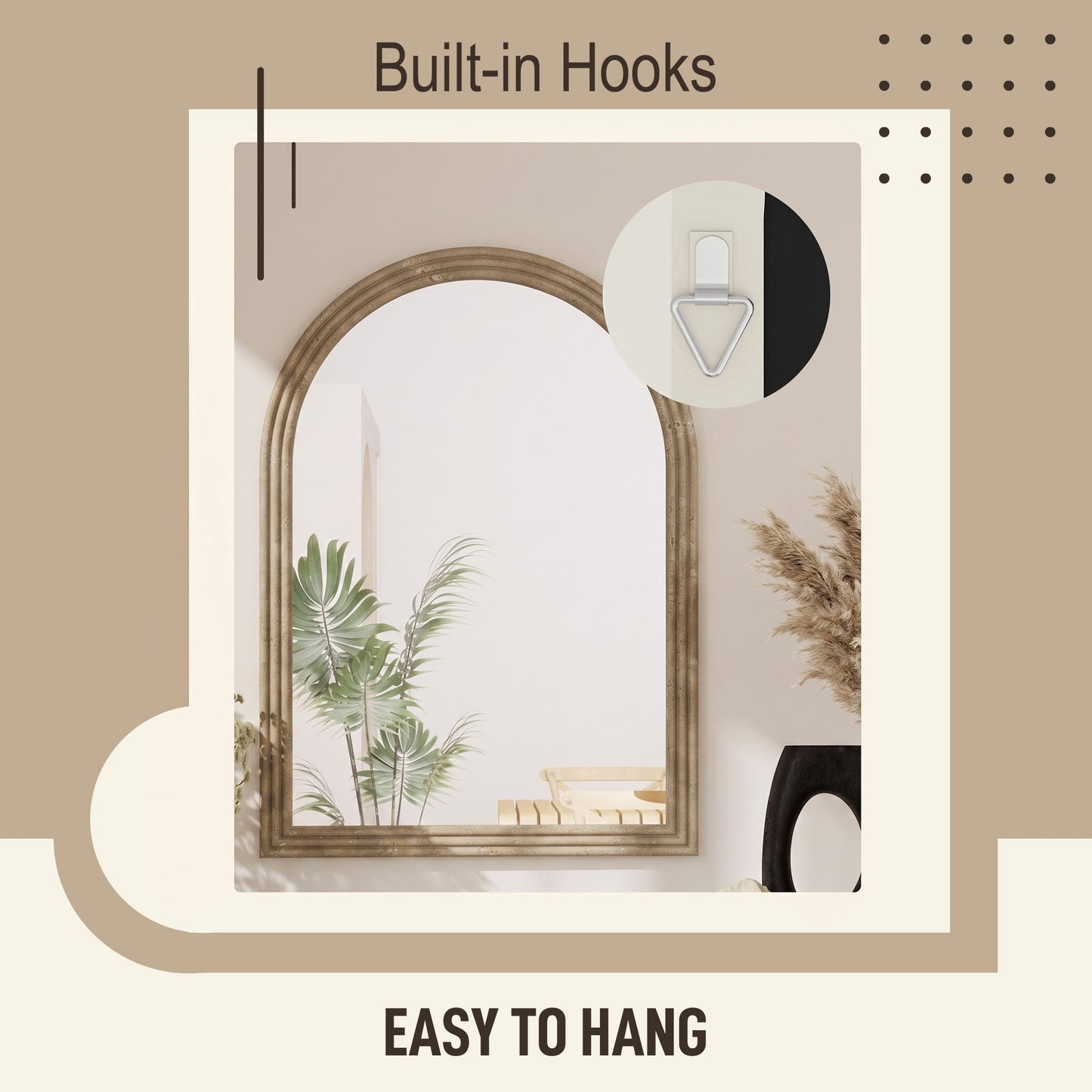 HOMCOM Modern Wall-Mounted Mirror, Arched Wall Mirror with Grooved Edge for Living Room, Entryway, Hallway, Brown