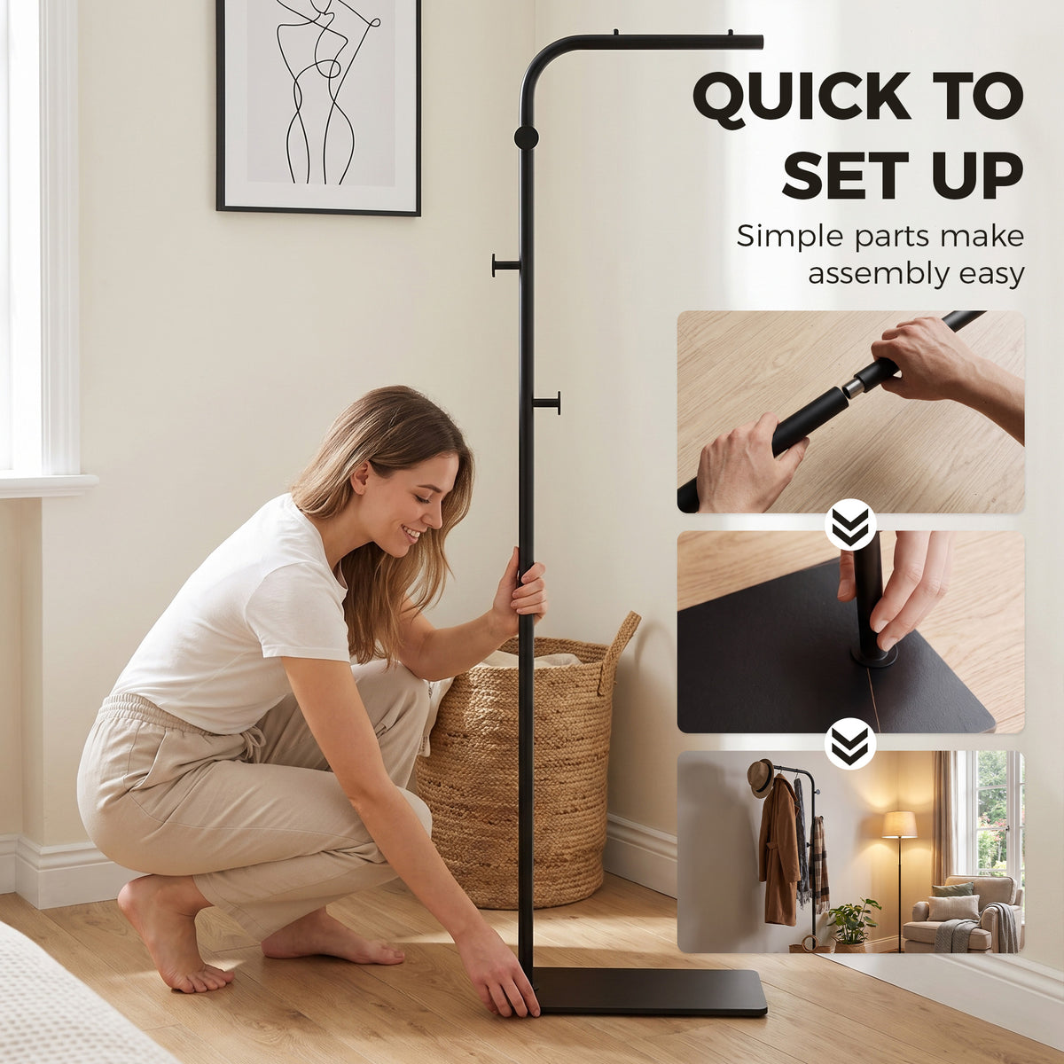 HOMCOM Clothing Rack with 3 Side Hooks, Garment Rack with Marble Base, 45 x 25 x 169 cm, for Bedroom, Bathroom, Black