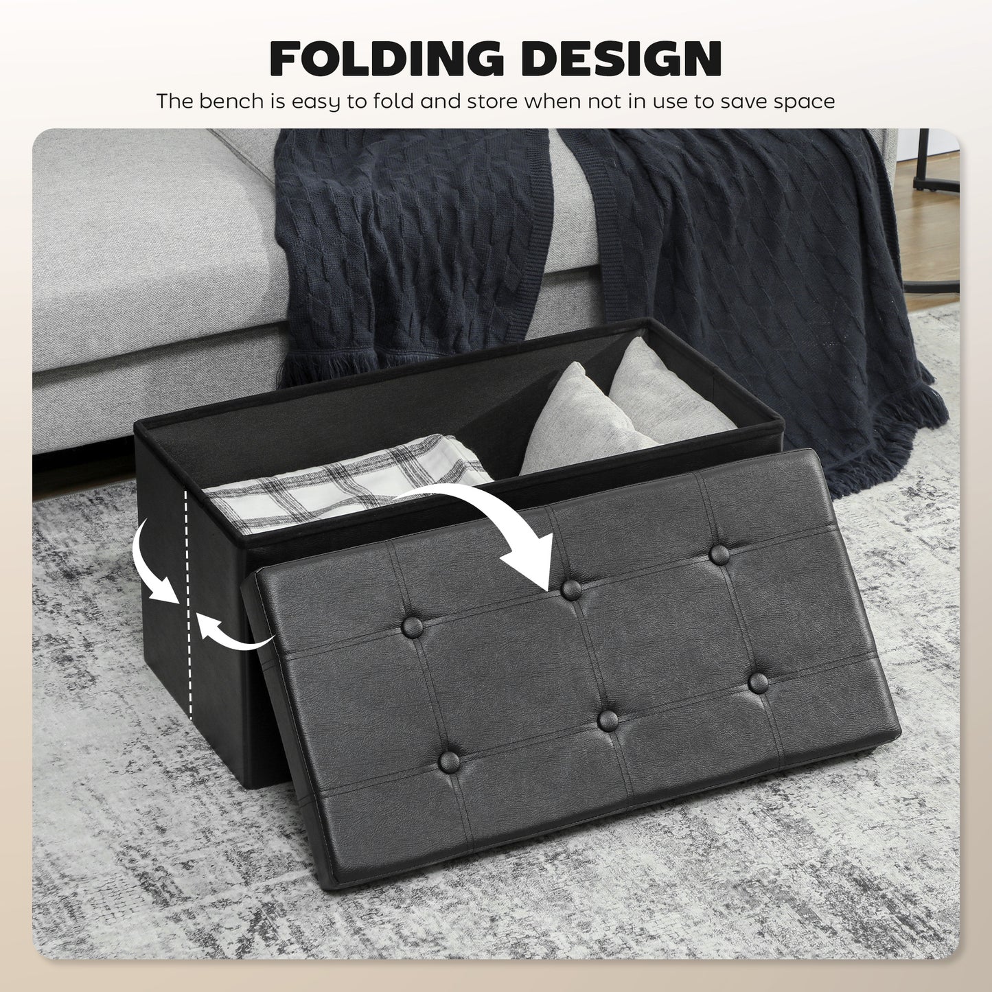 HOMCOM Storage Ottoman Bench, 89L PU Leather Folding Foot Rest Stool, End of Bed Bench, Easy Assembly, for Living Room, Bedroom, Entryway, Black