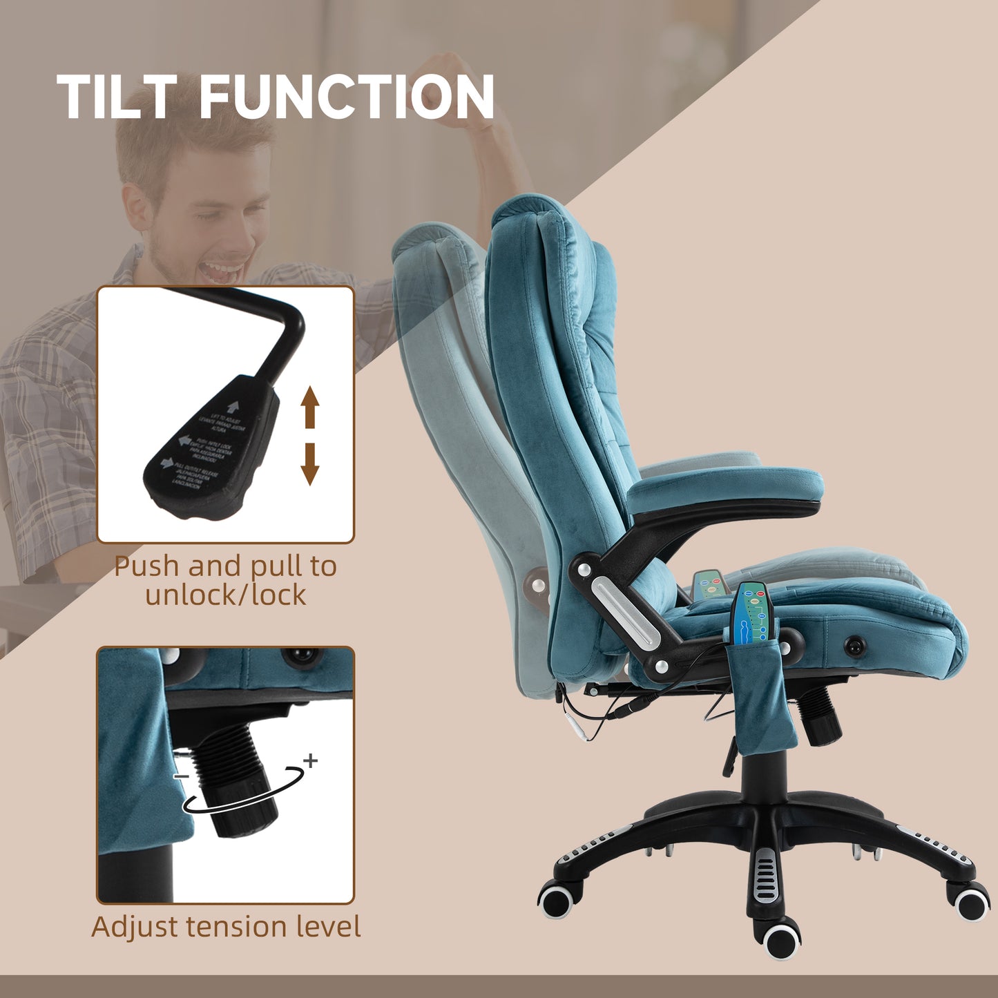 Vinsetto Massage Recliner Chair Heated Office Chair with Six Massage Points Velvet-Feel Fabric 360Â° Swivel Wheels Blue