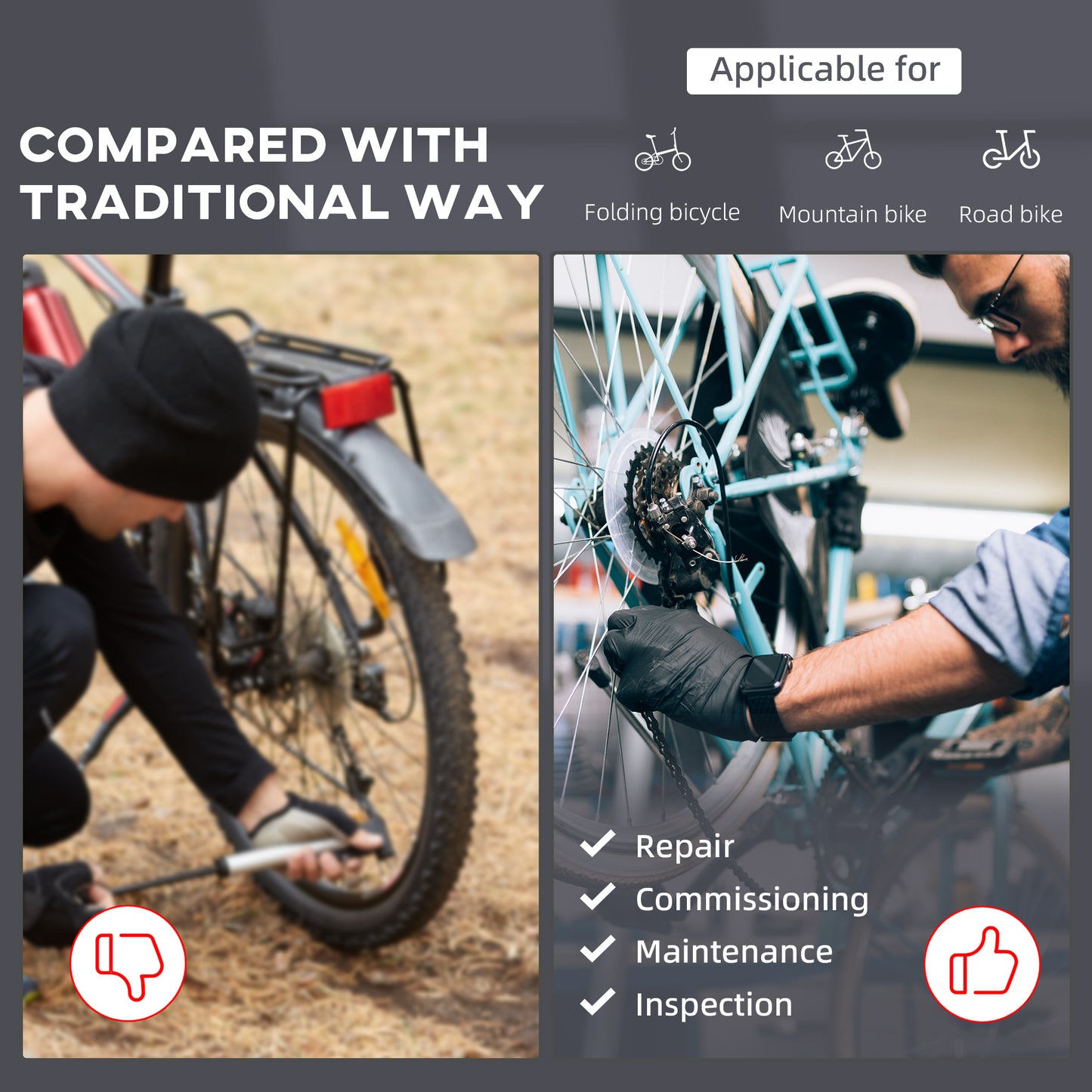 HOMCOM Bike Repair Stand Workstation, Bicycle Maintenance Workstand, Height Adjustable, with Tool Tray & 360Â° Rotating Adjustable Clamp for Home Mechanic Workshop