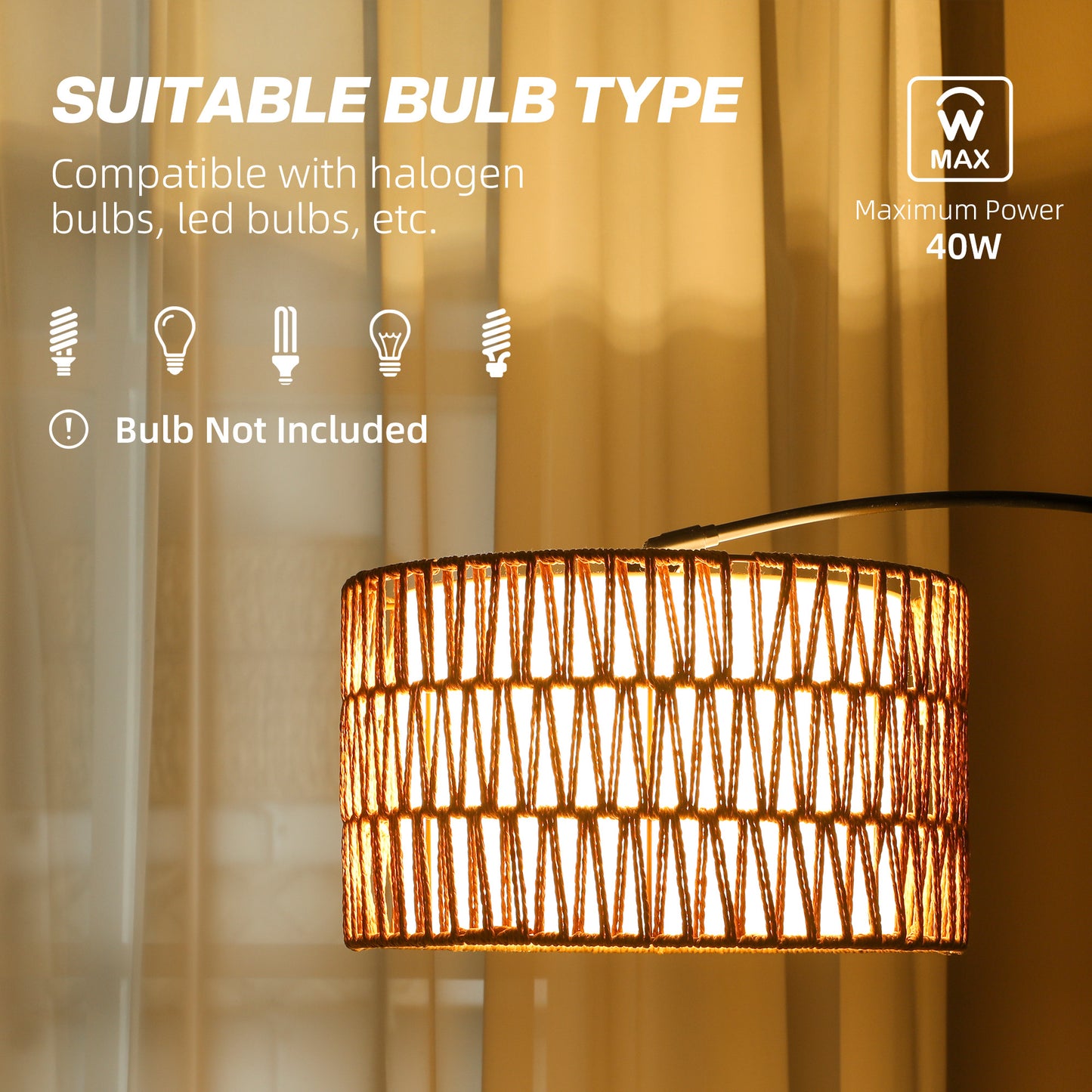 HOMCOM Rattan Floor Lamp for Living Room, Farmhouse Arc Standing Lamp with Dual-Layer Shade & Foot Switch, Height Adjustable Minimalist Tall Pole Lampshade for Bedroom, Office, Black