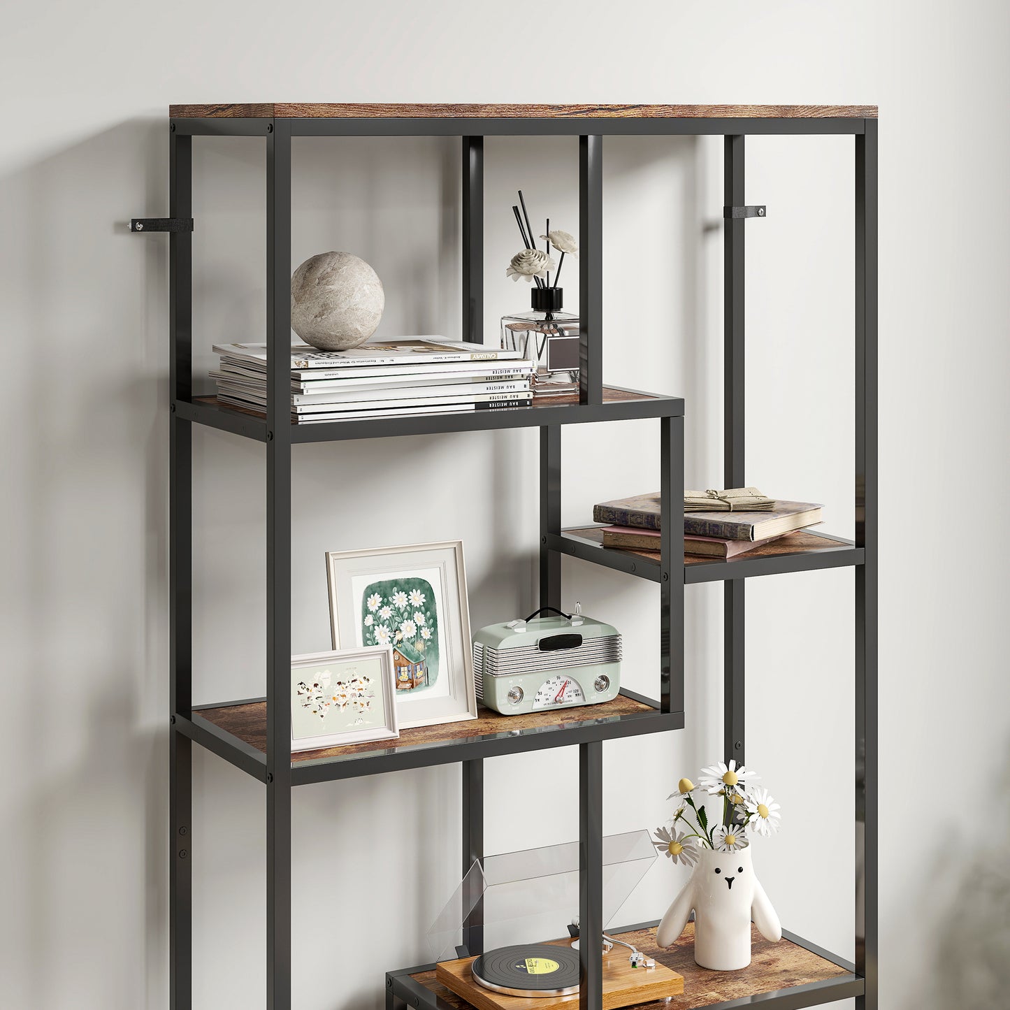 HOMCOM Seven-Tier Geometric Bookcase - Brown/Black