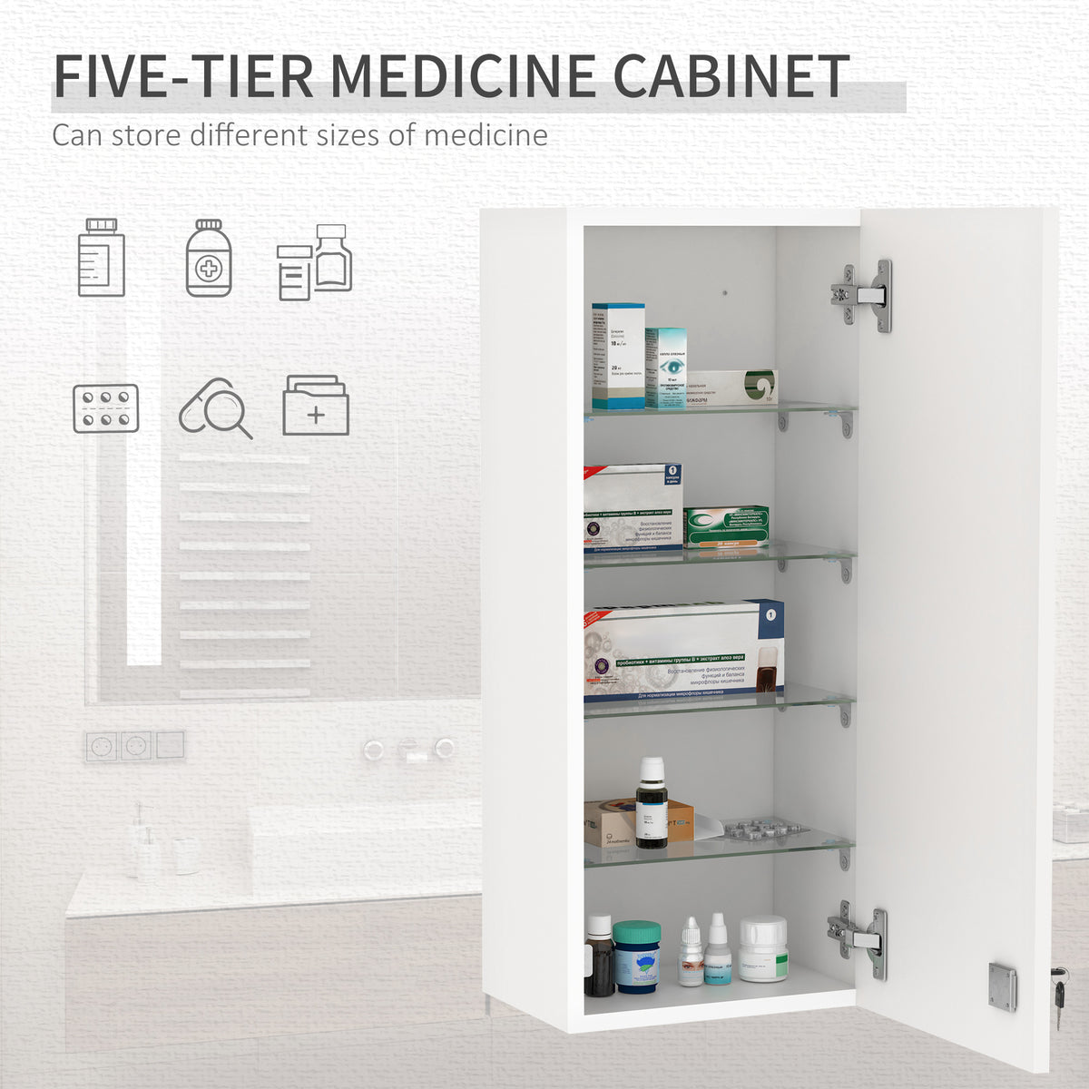 kleankin Wall Mounted Medicine Cabinet, First Aid Cabinet with Adjustable Shelves, Lockable with 2 Keys, White