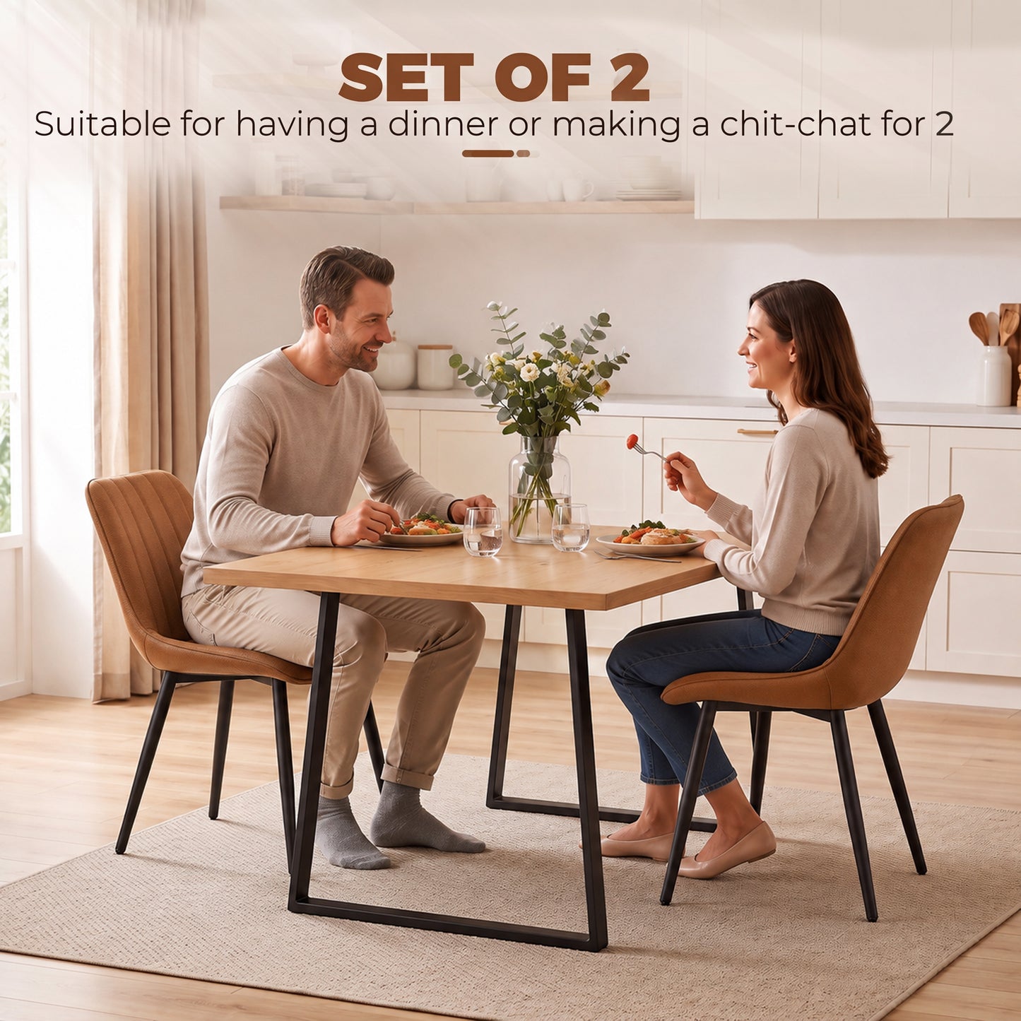 HOMCOM Faux Leather Upholstered Kitchen Chairs, Modern Dining Chairs Set of 2 with Metal Legs for Dining Room, Brown
