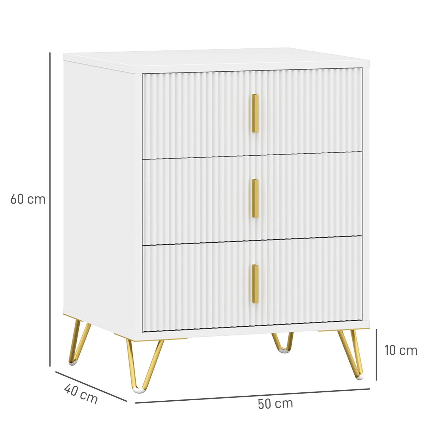HOMCOM Set of 2 Elegant Chest of Three Drawers - White/Gold-Tone