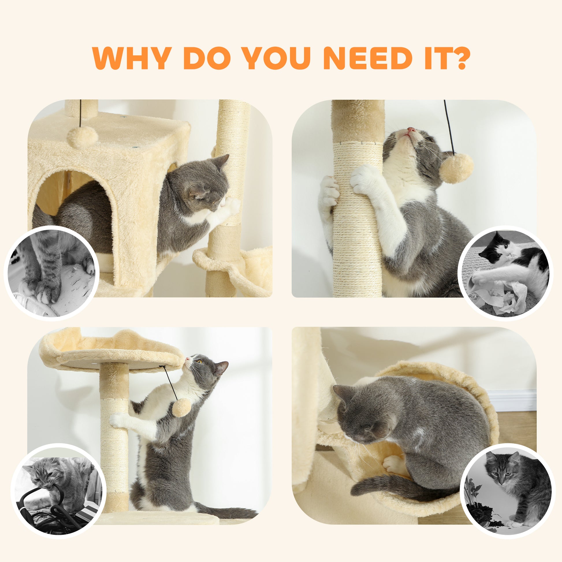 PawHut 140cm Large Cat Tree Tower with Sisal Scratching Posts, Plush Perches, Hammock, Beige