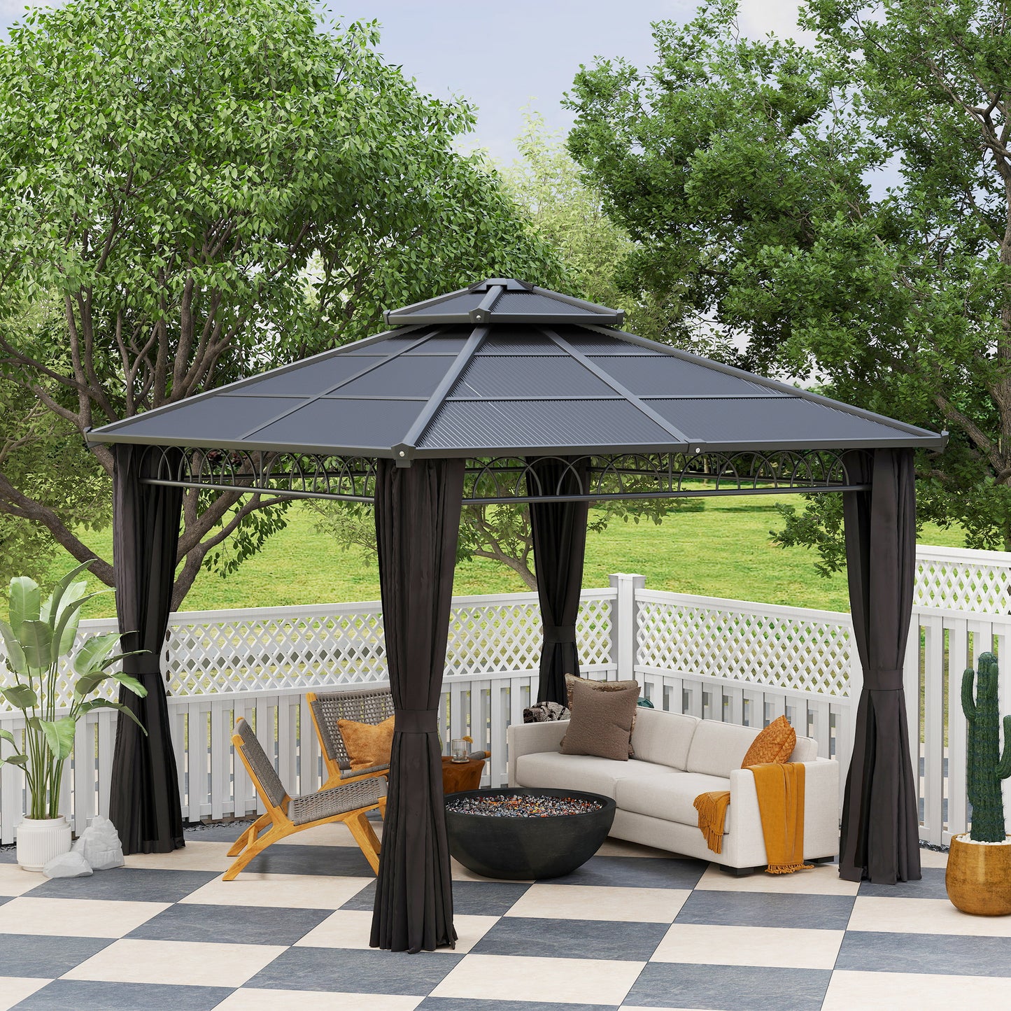 Outsunny 3 x 3 (m) Outdoor Polycarbonate Gazebo, DoubleÂ Roof Hard Top Gazebo withÂ Galvanised Steel Frame, NettingsÂ &Â Curtains for Garden, Lawn, Patio and Deck, Dark Grey