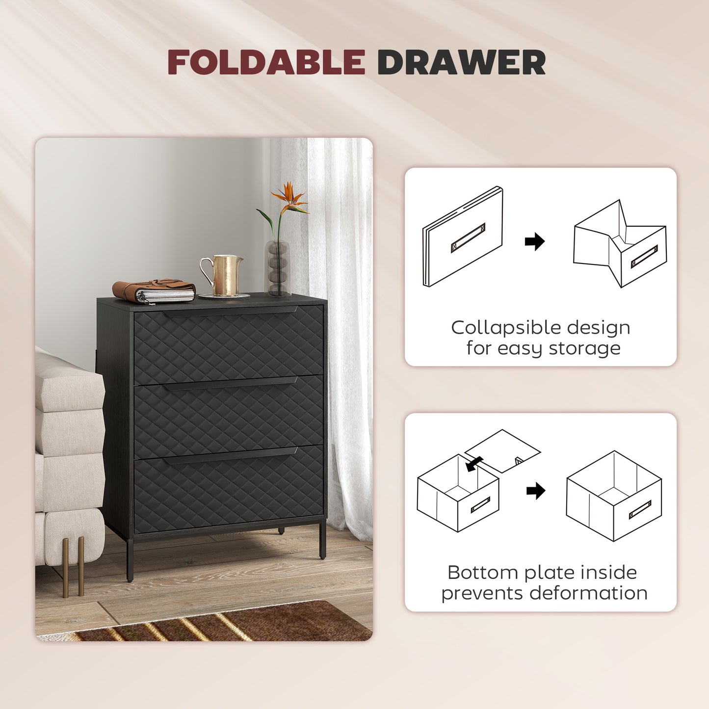 HOMCOM Chest of Drawers, Dresser with 3 Fabric Drawers and Aluminium Handles - Black
