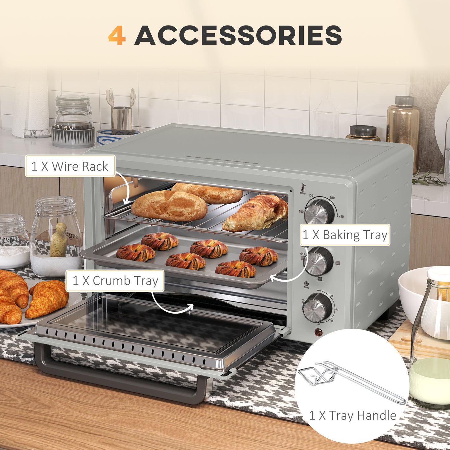 HOMCOM 21L Mini Countertop Oven, 100Â°C-230Â°C Adjustable Temp - Silver Tone