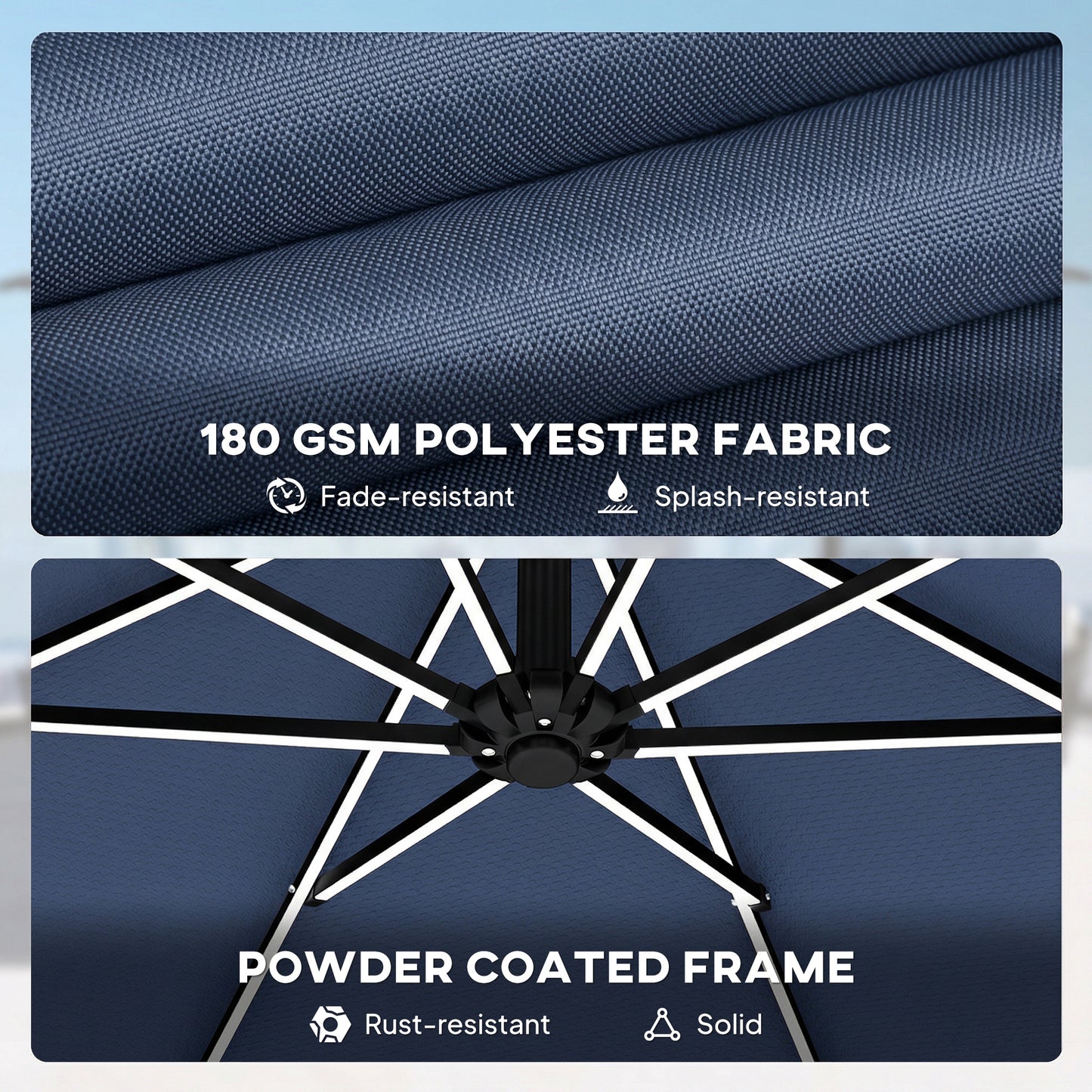 Outsunny 3 m Garden Cantilever Parasol with LED Solar Light, Round Overhanging Umbrella with 360Â° Rotation, Cover, Navy Blue