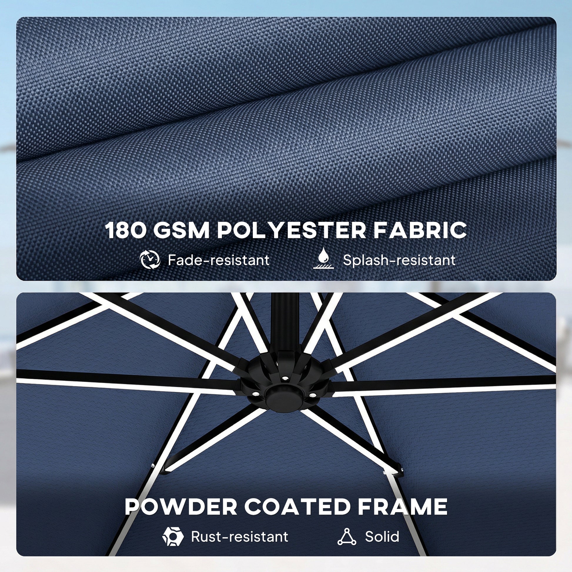 Outsunny 3 m Garden Cantilever Parasol with LED Solar Light, Round Overhanging Umbrella with 360Â° Rotation, Cover, Navy Blue