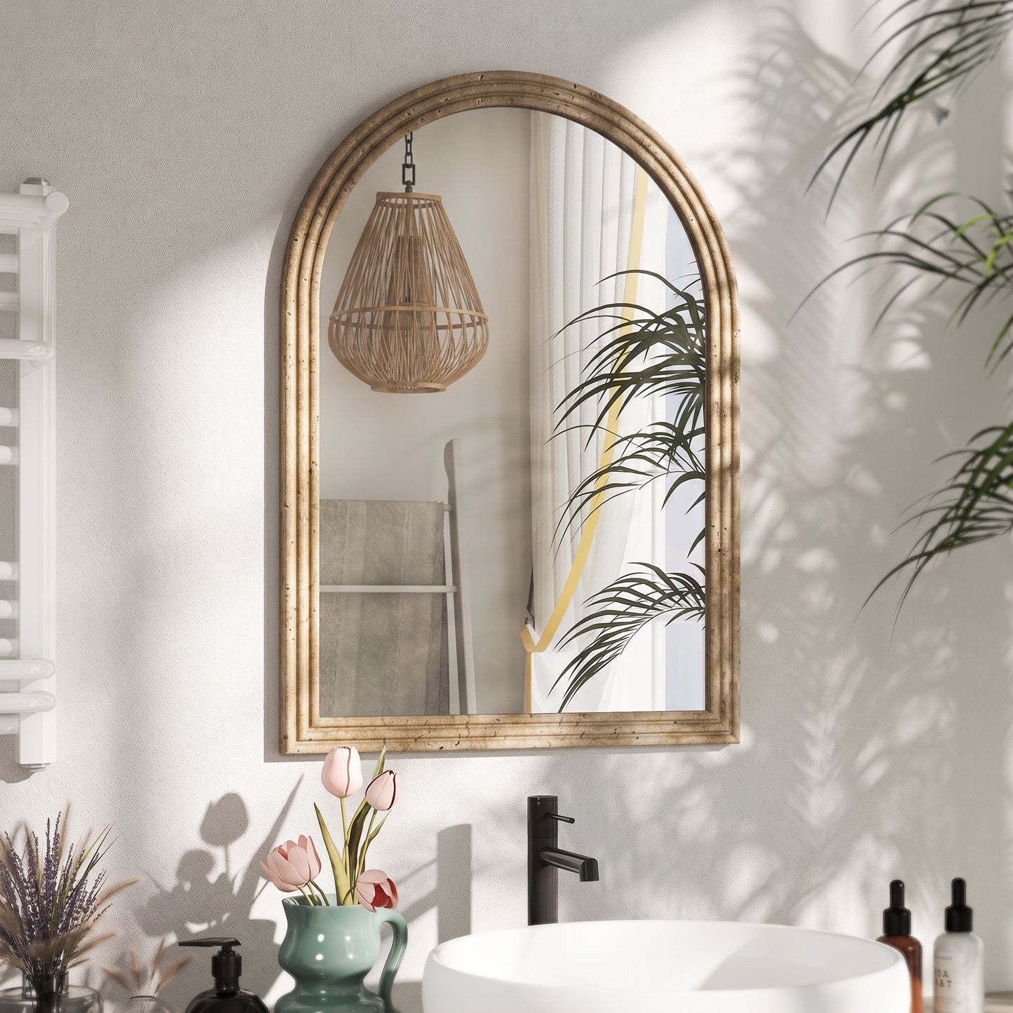 HOMCOM Modern Wall-Mounted Mirror, Arched Wall Mirror with Grooved Edge for Living Room, Entryway, Hallway, Brown