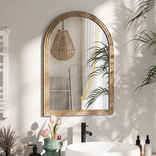 HOMCOM Modern Wall-Mounted Mirror, Arched Wall Mirror with Grooved Edge for Living Room, Entryway, Hallway, Brown