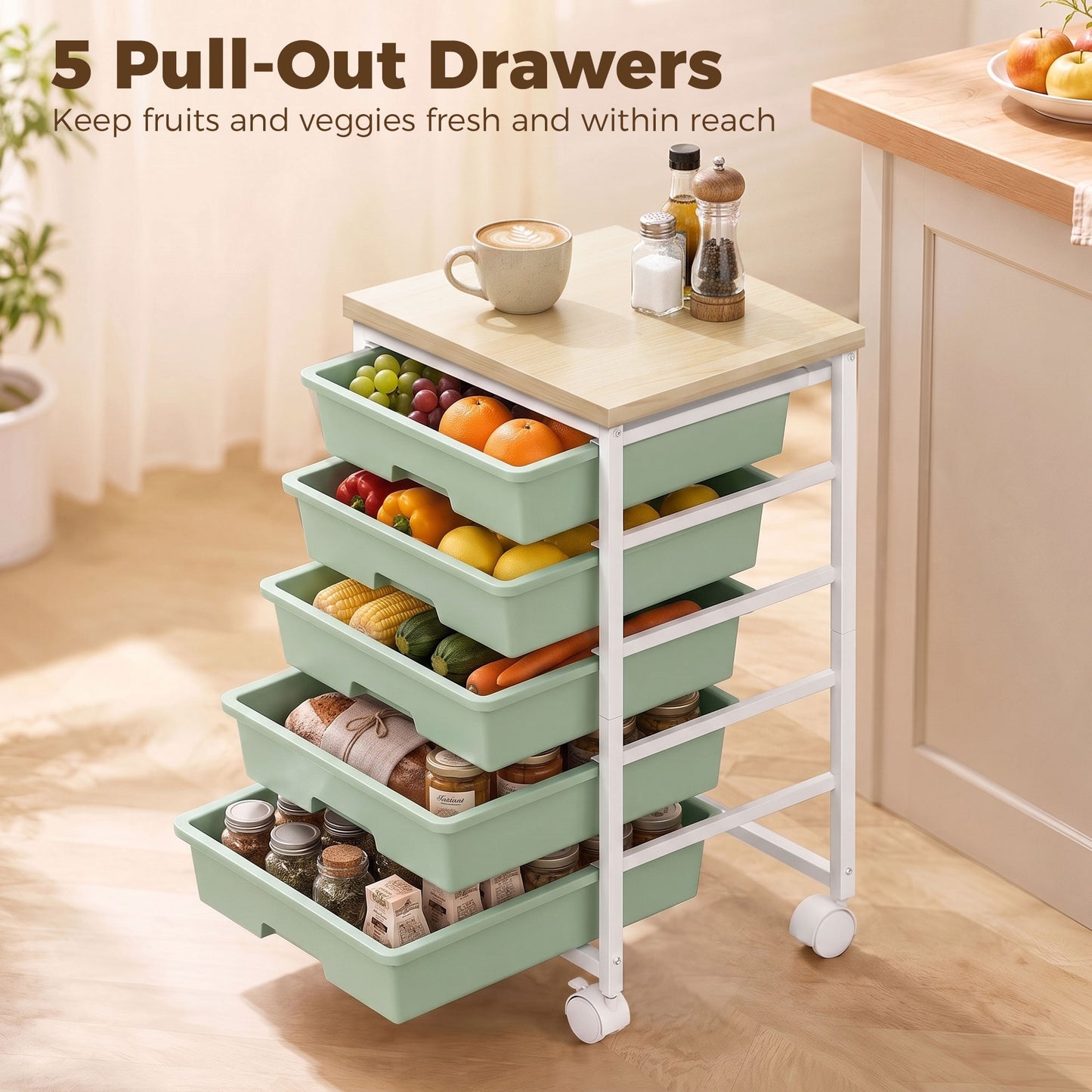 HOMCOM 6-Tier Storage Trolley on Wheels, Metal Kitchen Rolling Cart with 5 Pull-Out Drawers, Green