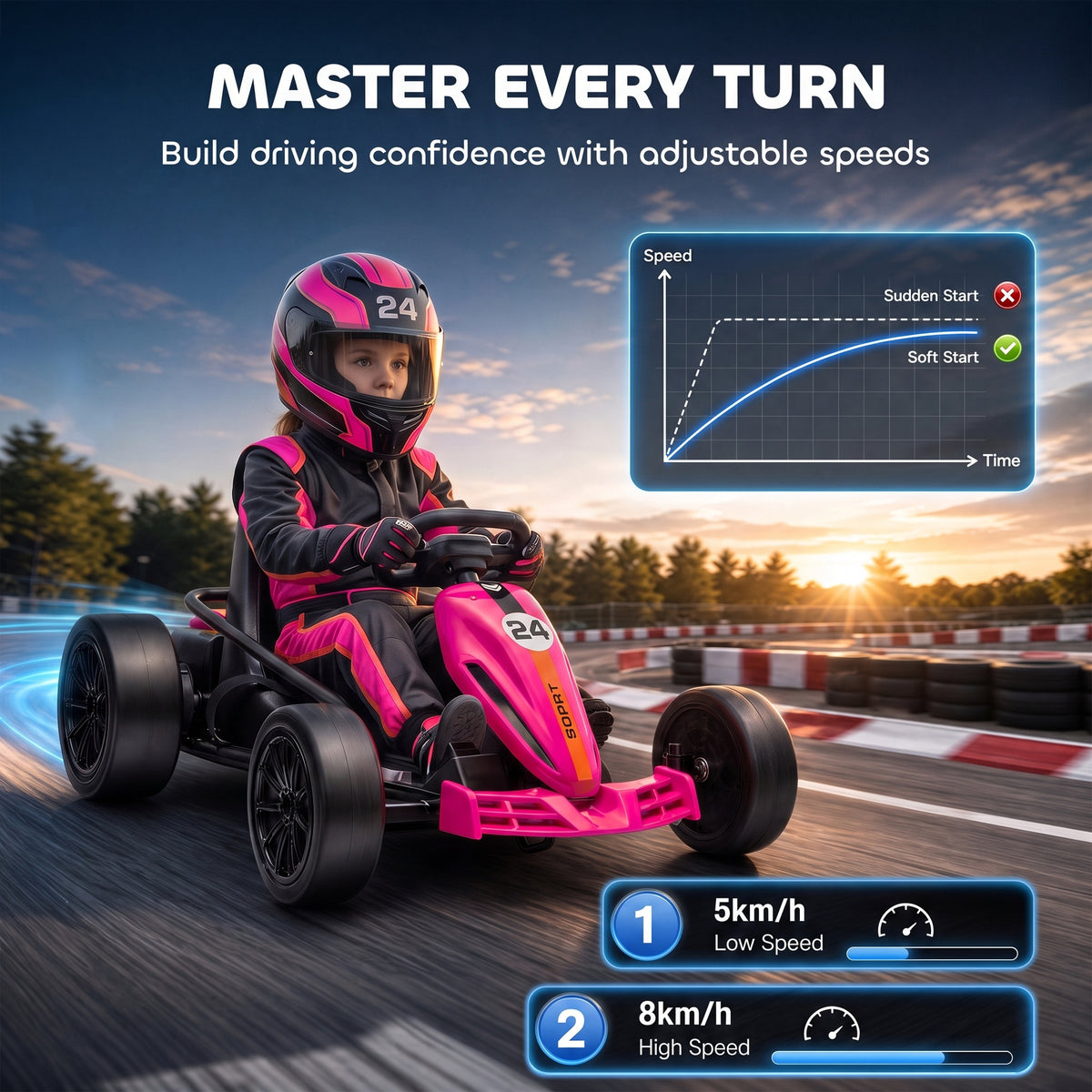 AIYAPLAY 24V Electric Go Kart for Kids, Ride On Racing Go Kart with Dual 150W Motors, 12KM/H Max Speed for Ages 6-14, Pink