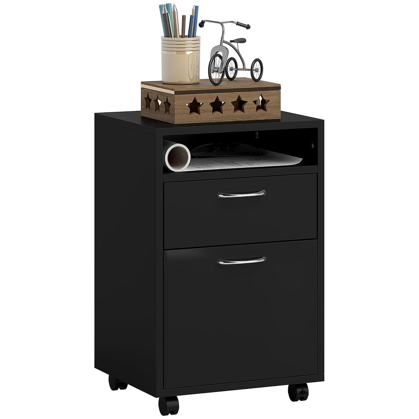 HOMCOM Filing Cabinet, Mobile File Cabinet with 2 Drawers, Office Home Organiser on Wheels for A4, Letter-Size File Folders, Mobile Printer with Open Shelf, Black