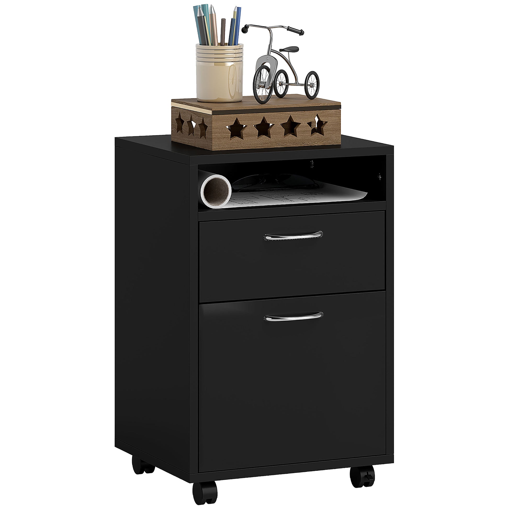 HOMCOM Filing Cabinet, Mobile File Cabinet with 2 Drawers, Office Home Organiser on Wheels for A4, Letter-Size File Folders, Mobile Printer with Open Shelf, Black
