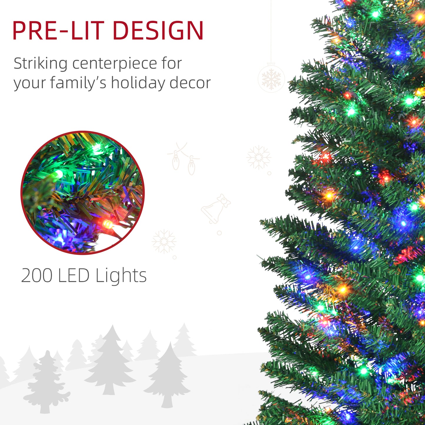 HOMCOM 7.5' Artificial Prelit Christmas Trees Holiday DÃ©cor with Colourful LED Lights, Pencil Shape, Steel Base