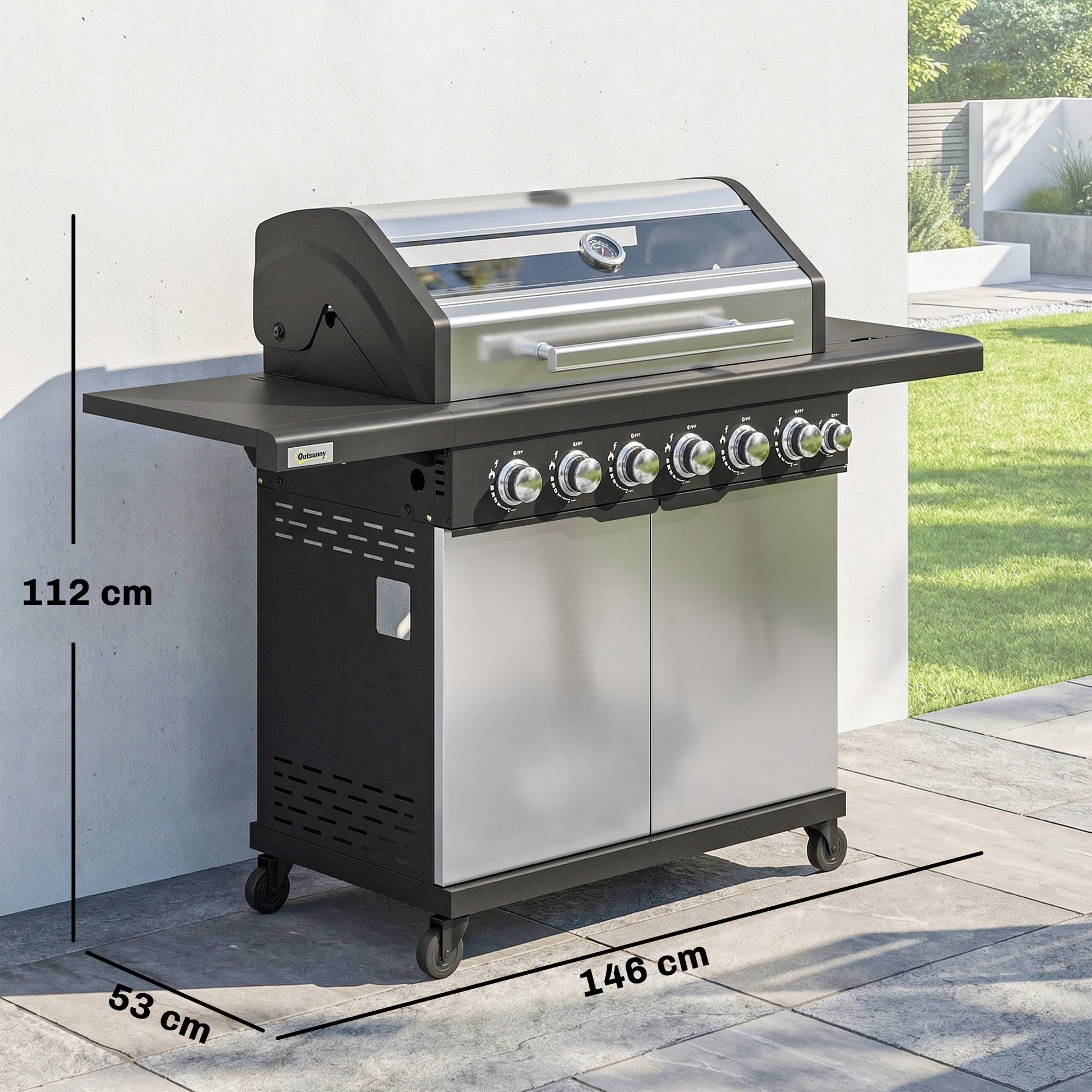 Outsunny 6+1 Burner Gas BBQ Grill, Outdoor Barbecue Trolley with Wheels, Warming Rack, Thermometer, Bottle Opener, Silver Tone