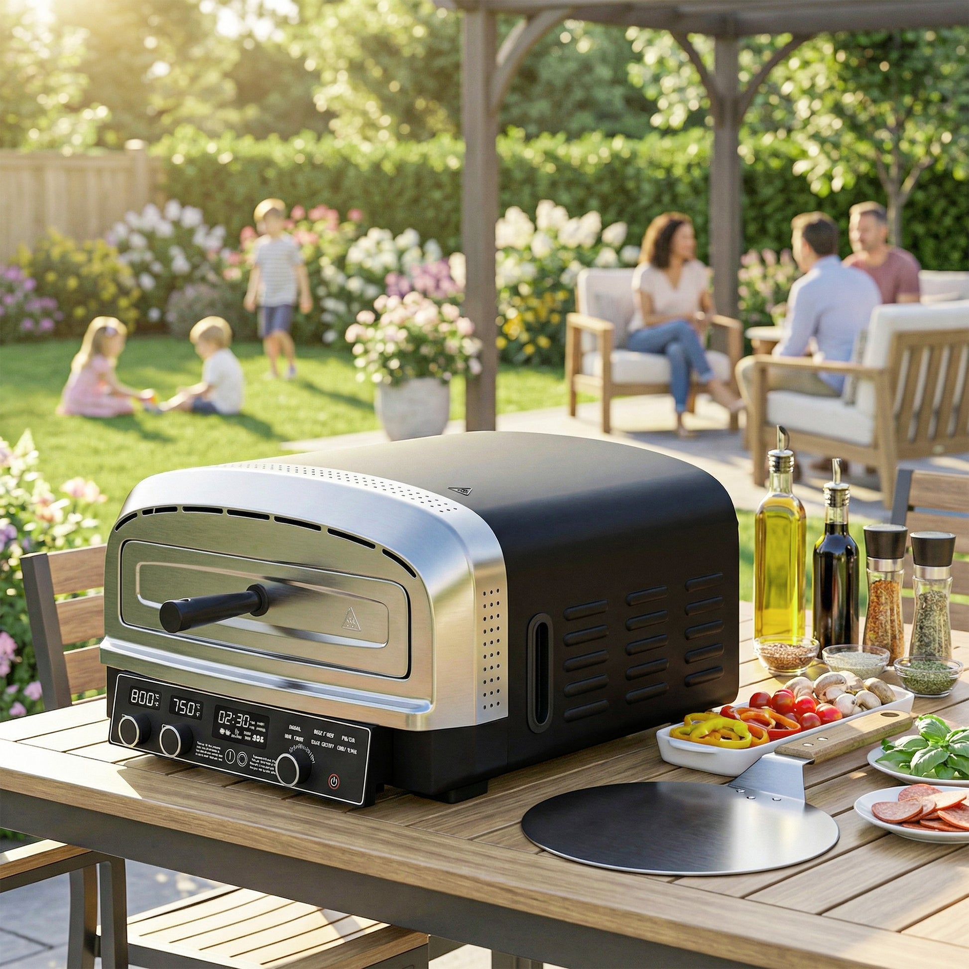 Outsunny Outdoor Pizza Oven Dual Heat Control 6 Presets Electric Pizza Maker with 37 cm Stone and Peel