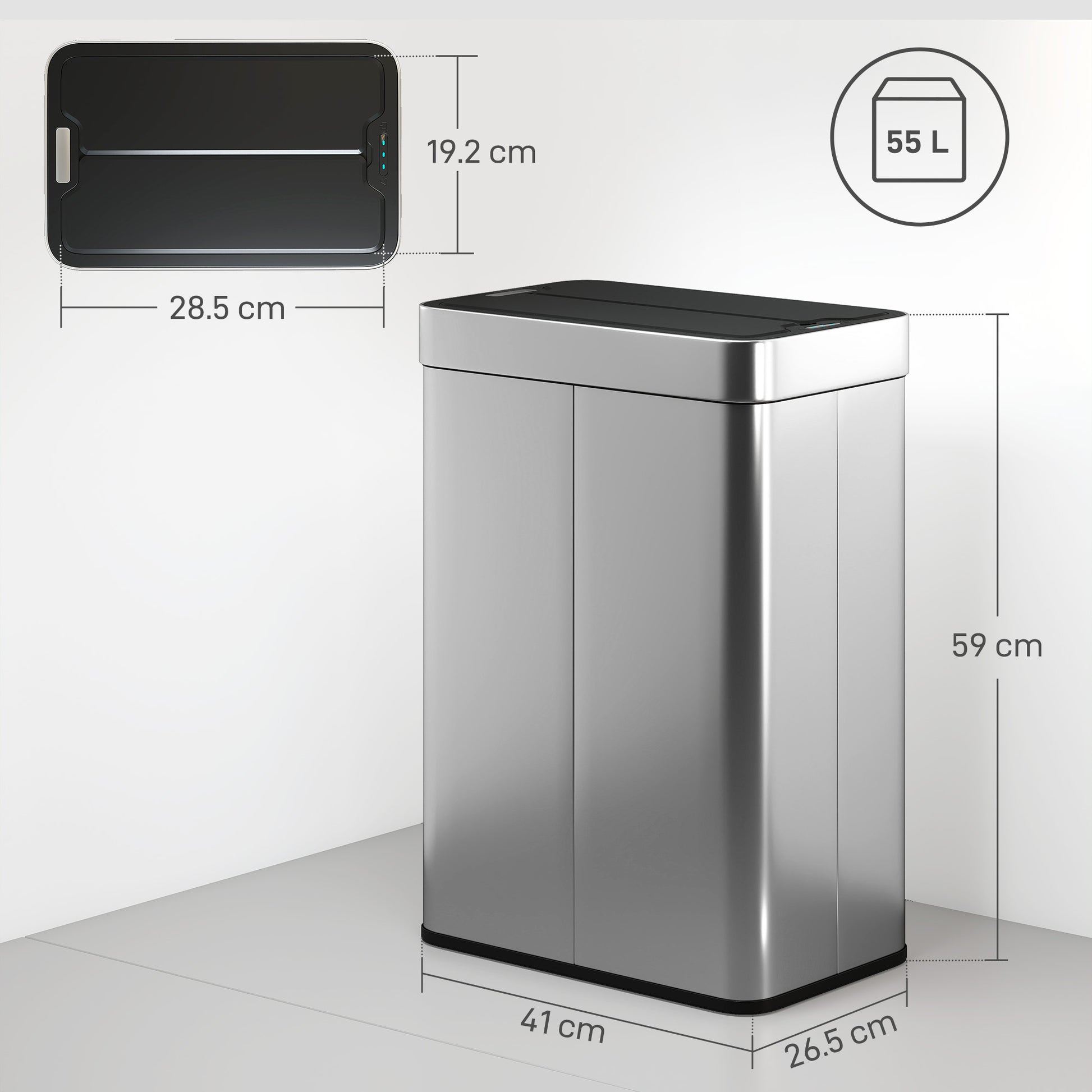 HOMCOM 55L Sensor Bin, Large Automatic Touchless Rubbish Bin with Soft-Close Lid, Silver Tone