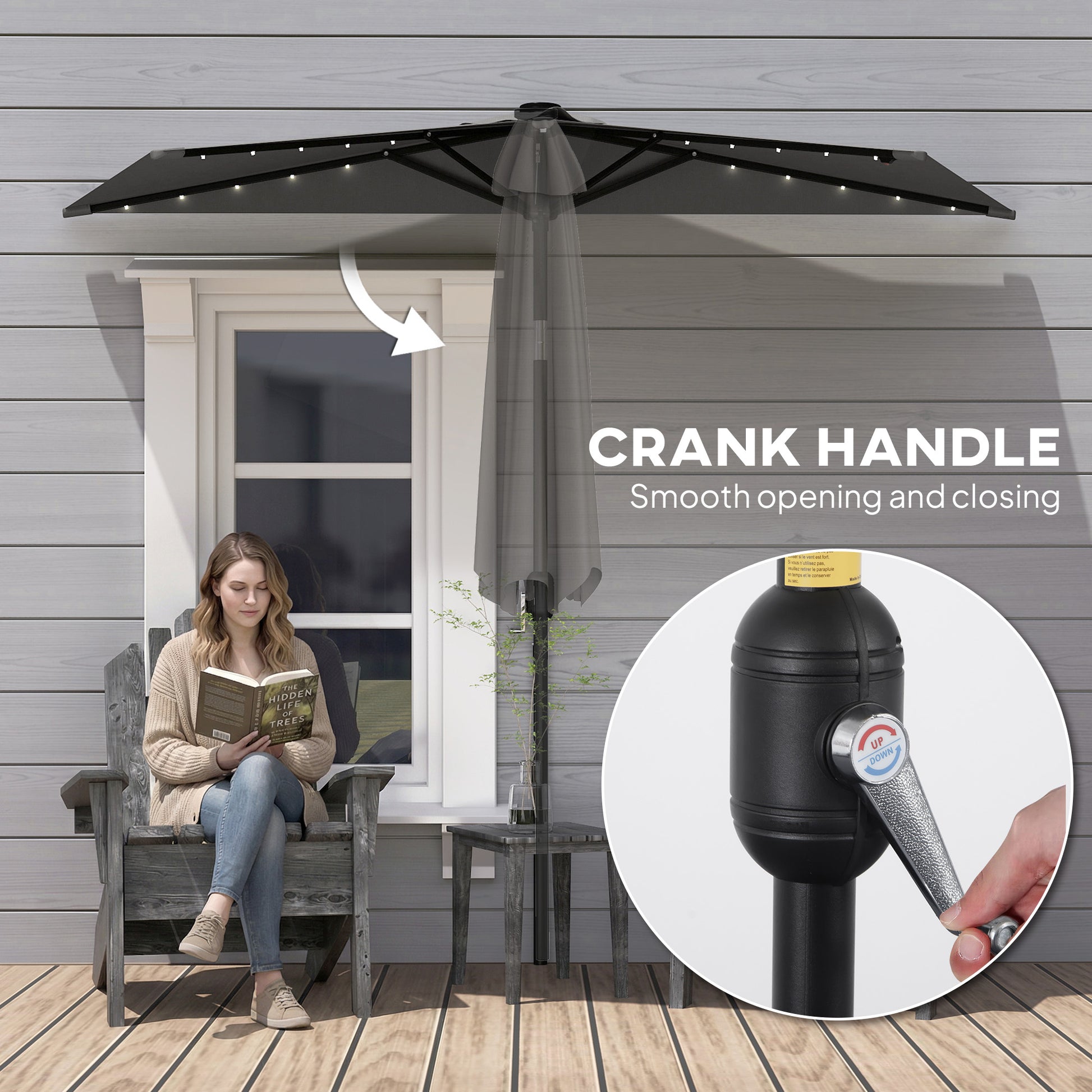 Outsunny 2.6 m Half Garden Parasol with Solar LED Lights, UPF50+ Semi Round Umbrella with 30Â° Tilt, Crank Handle, Dark Grey
