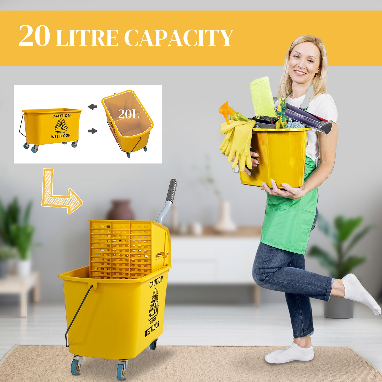  this yellow mop bucket makes wringing out mops easy